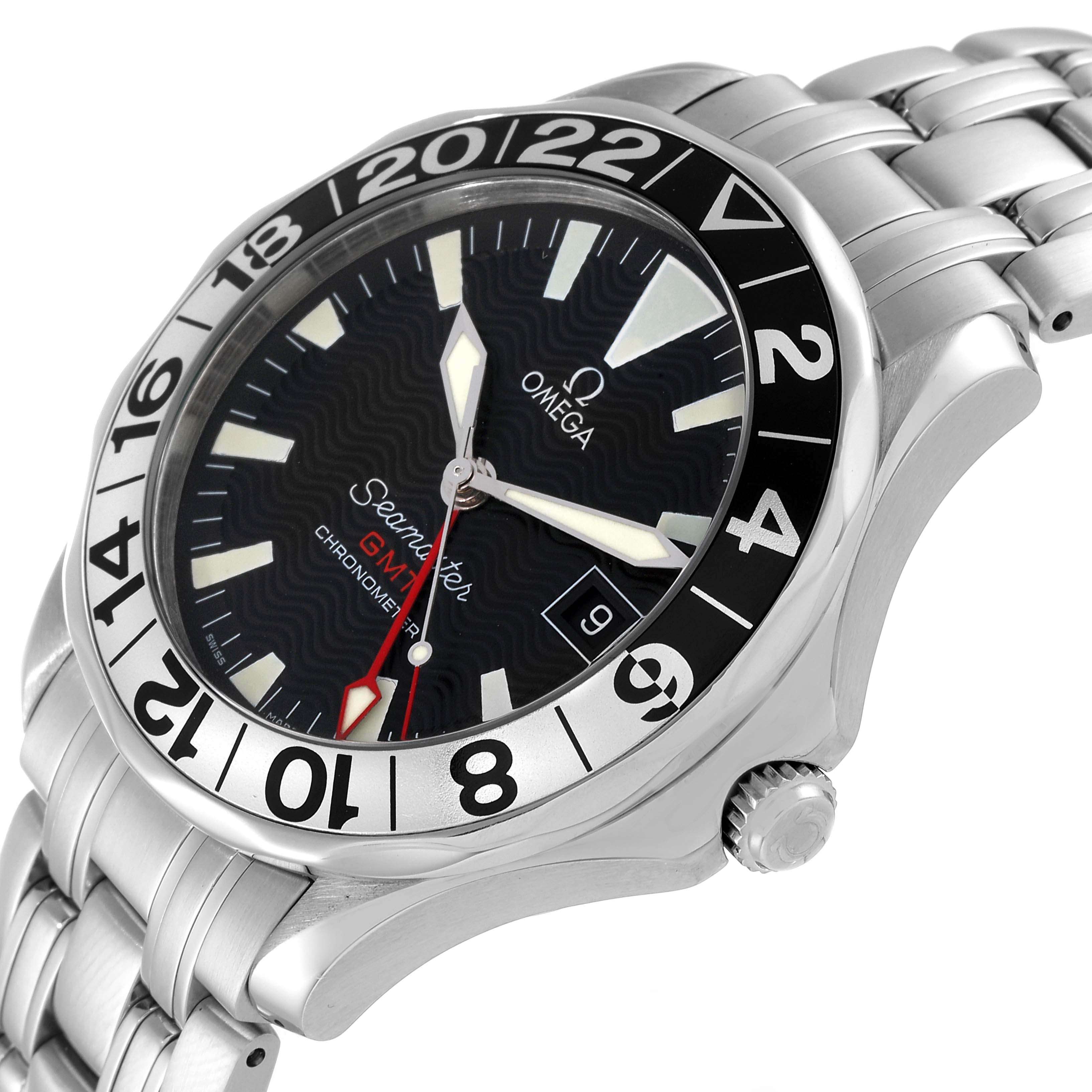 This image shows a close-up, angled view of the Omega Seamaster 2534.50.00 Men's Stainless Steel Black Dial 2534.50.00 Men's Stainless Steel Black Dial GMT watch, highlighting its dial, bezel, and bracelet.