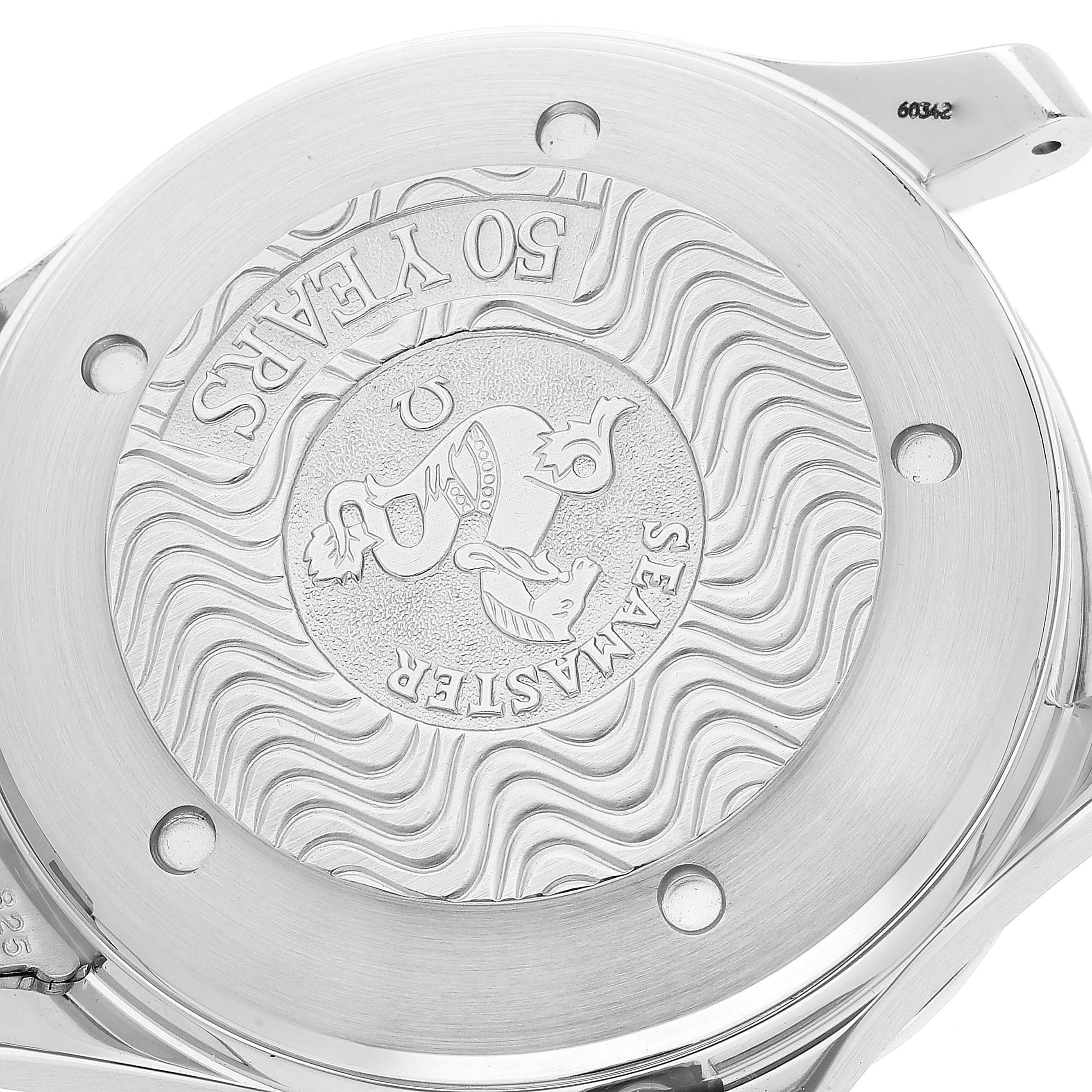 The image shows the back of an Omega Seamaster 2534.50.00 Men's Stainless Steel Black Dial 2534.50.00 Men's Stainless Steel Black Dial watch, highlighting its engraved design and "50 Years" inscription.