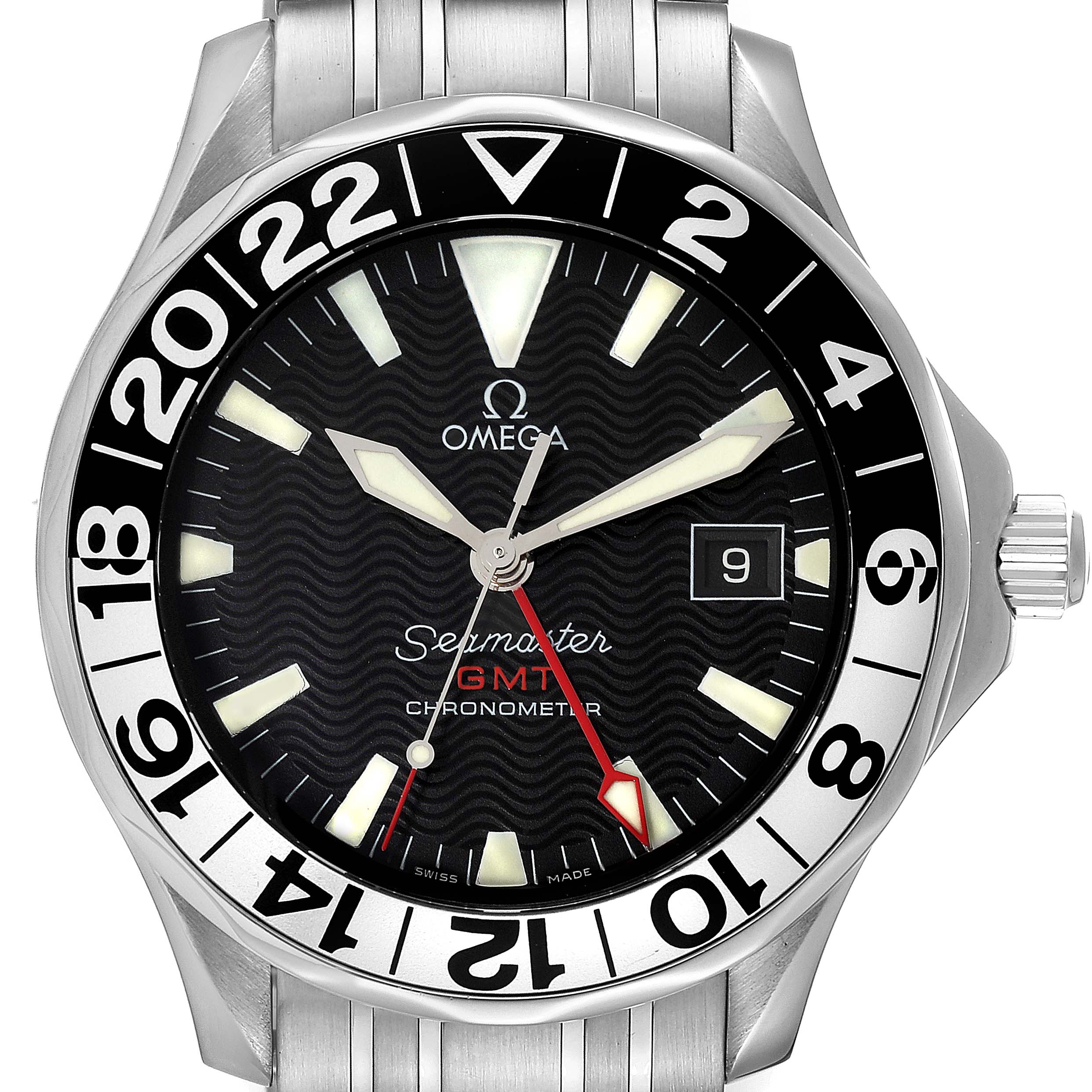 This Omega Seamaster 2534.50.00 Men's Stainless Steel Black Dial 2534.50.00 Men's Stainless Steel Black Dial GMT chronometer watch is shown from the front, displaying the dial, hands, bezel, and part of the bracelet.
