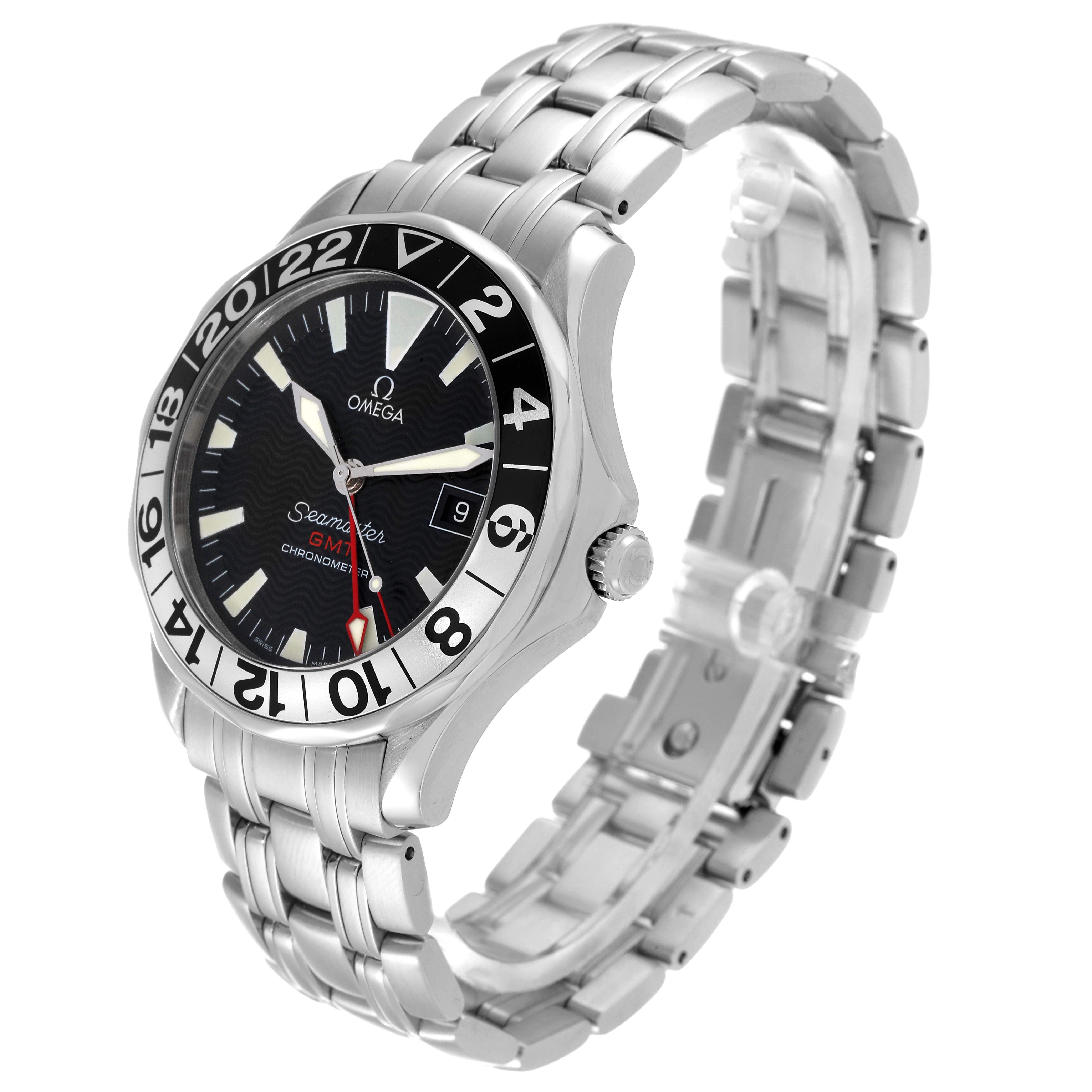 The image shows a three-quarter angle view of an Omega Seamaster 2534.50.00 Men's Stainless Steel Black Dial 2534.50.00 Men's Stainless Steel Black Dial watch, highlighting the face, bezel, crown, and bracelet.