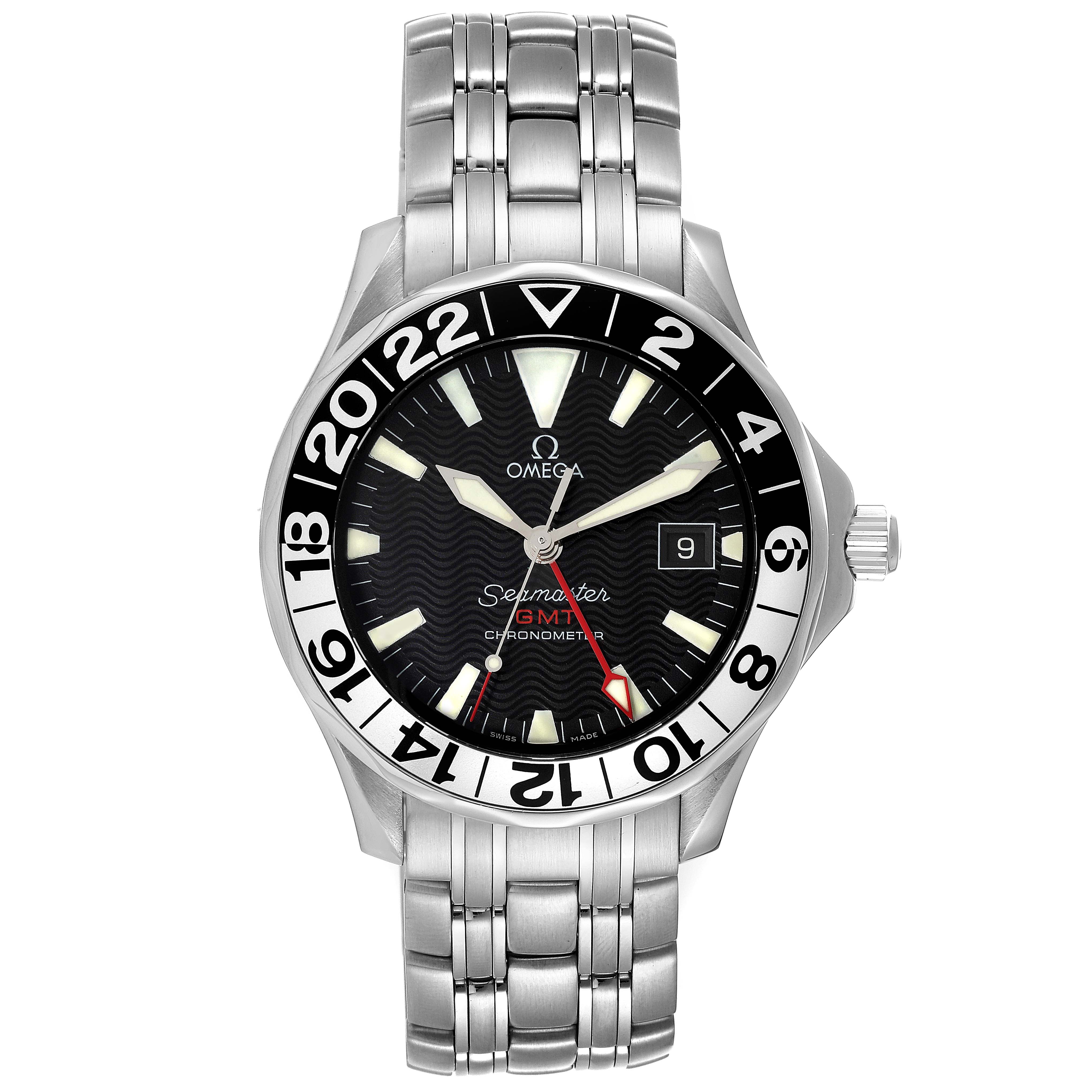 The image shows a front view of an Omega Seamaster 2534.50.00 Men's Stainless Steel Black Dial 2534.50.00 Men's Stainless Steel Black Dial GMT Chronometer watch, featuring its face, hands, bezel, and stainless steel bracelet.