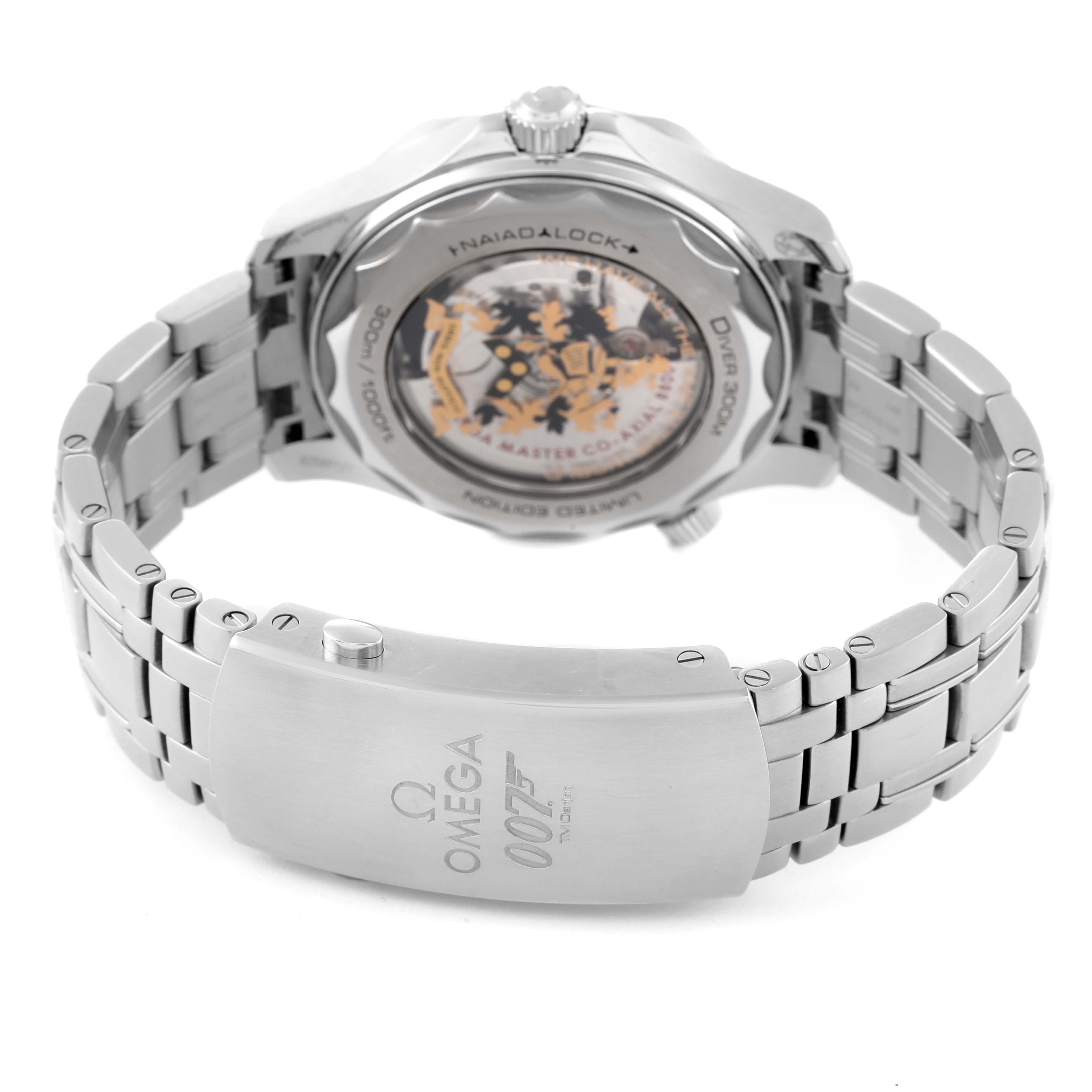 The image shows the backside of an Omega Seamaster 210.22.42.20.01.004 Men's Stainless Steel Black Dial 210.22.42.20.01.004 Men's Stainless Steel Black Dial watch, highlighting its case back and metal bracelet.