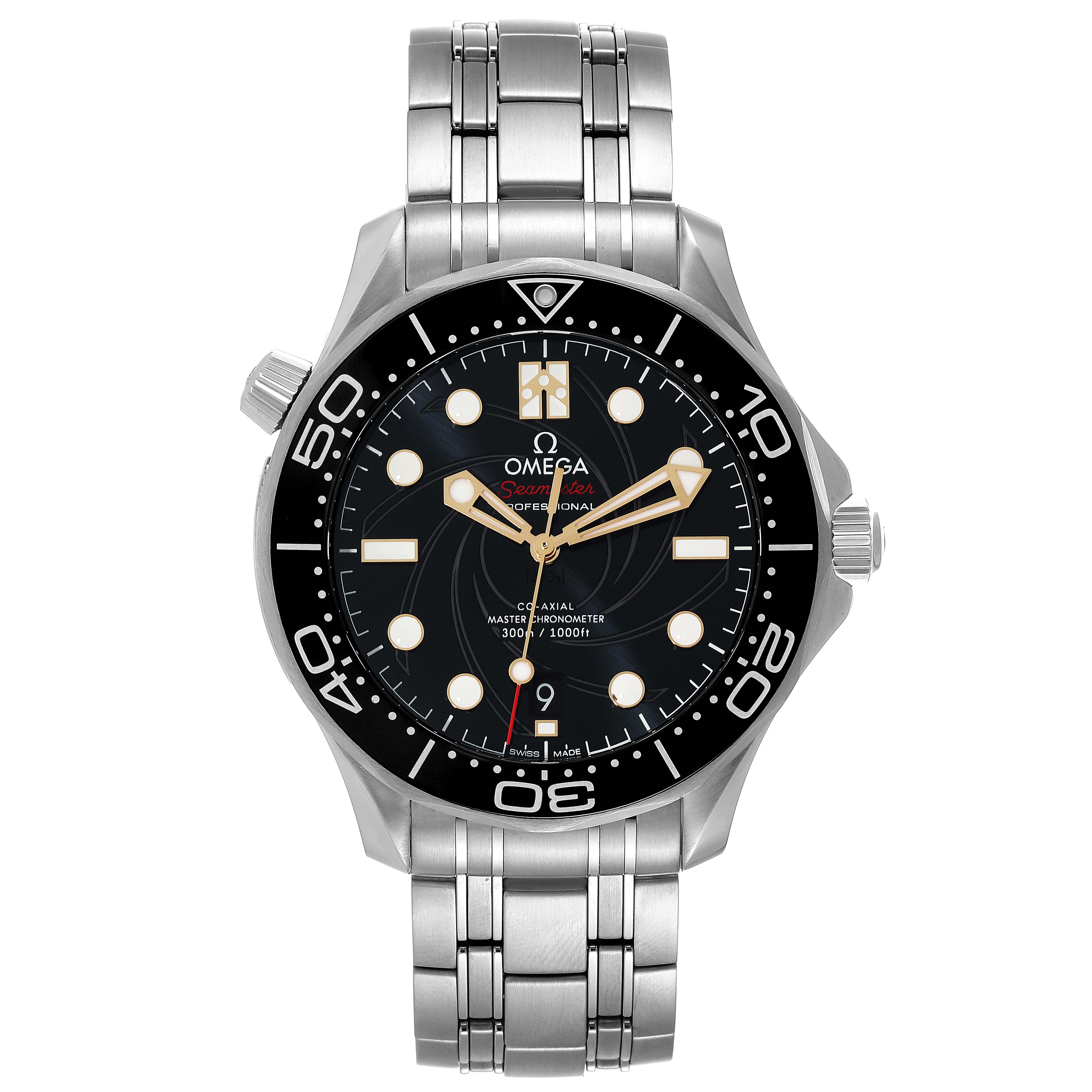 The image shows a front view of the Omega Seamaster 210.22.42.20.01.004 Men's Stainless Steel Black Dial 210.22.42.20.01.004 Men's Stainless Steel Black Dial watch, including its full face, bezel, and metal bracelet.