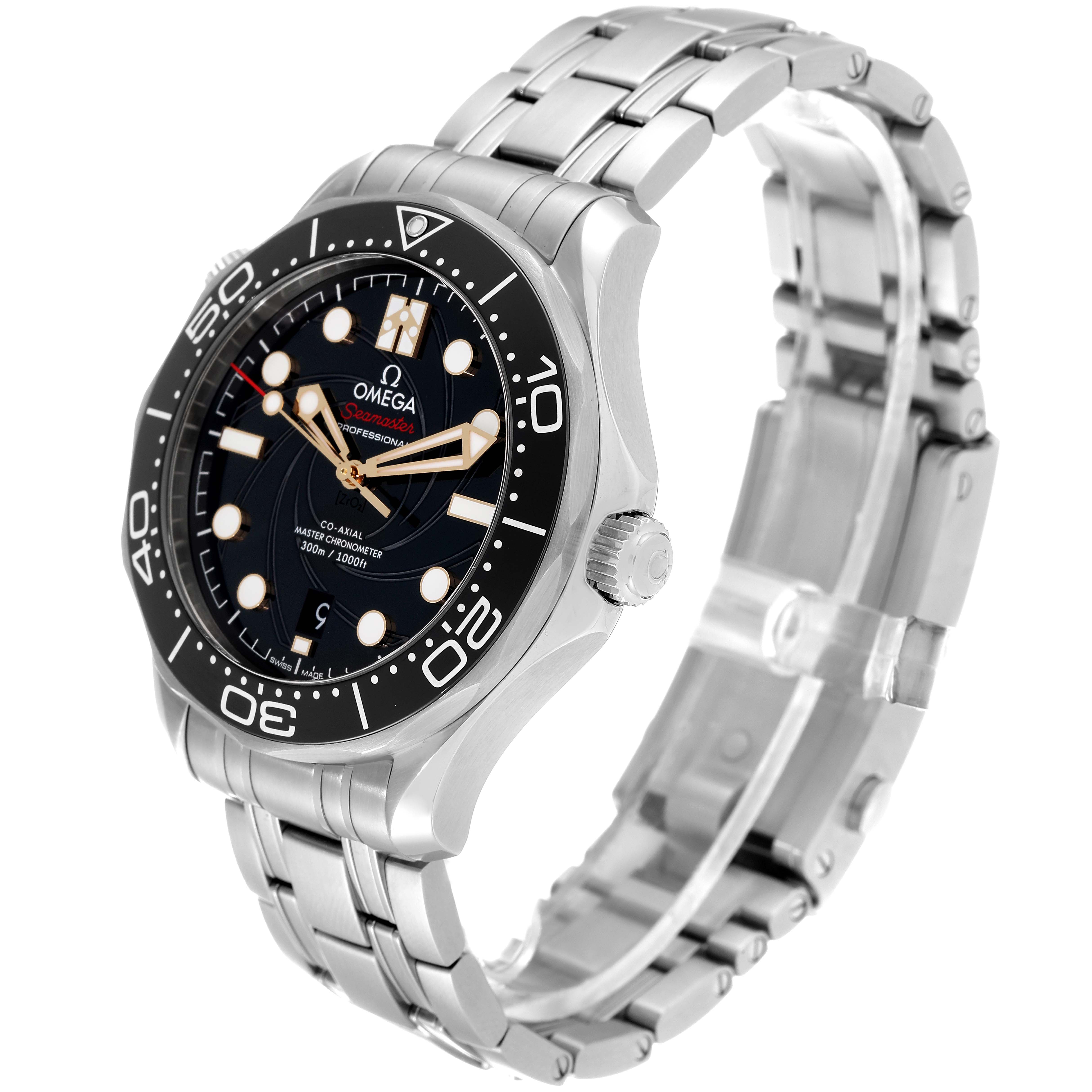 The Omega Seamaster 210.22.42.20.01.004 Men's Stainless Steel Black Dial 210.22.42.20.01.004 Men's Stainless Steel Black Dial watch is shown at a slight side angle, highlighting the dial, bezel, and stainless steel bracelet.