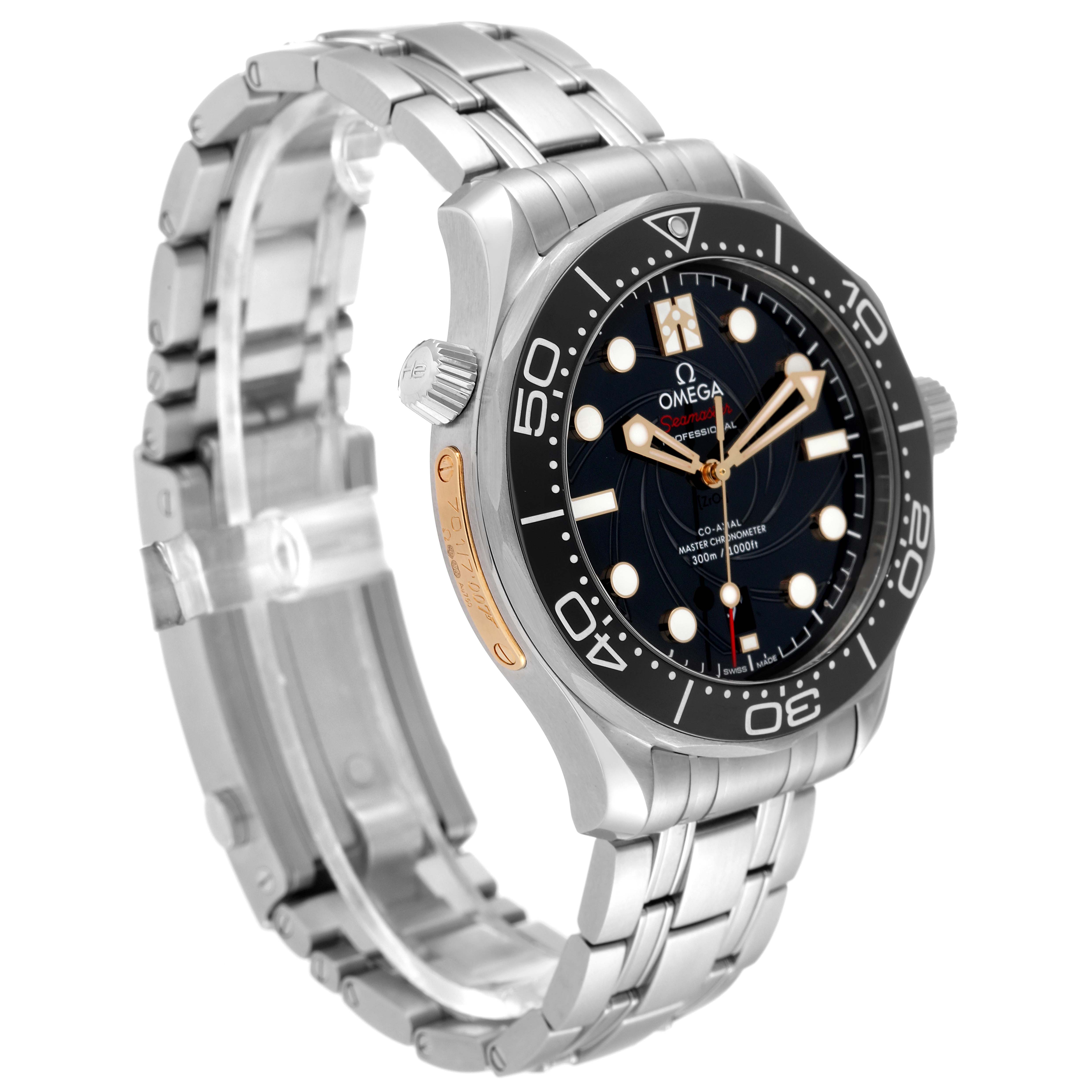 The image shows an angled side view of the Omega Seamaster 210.22.42.20.01.004 Men's Stainless Steel Black Dial 210.22.42.20.01.004 Men's Stainless Steel Black Dial watch, highlighting the face, bezel, and bracelet.