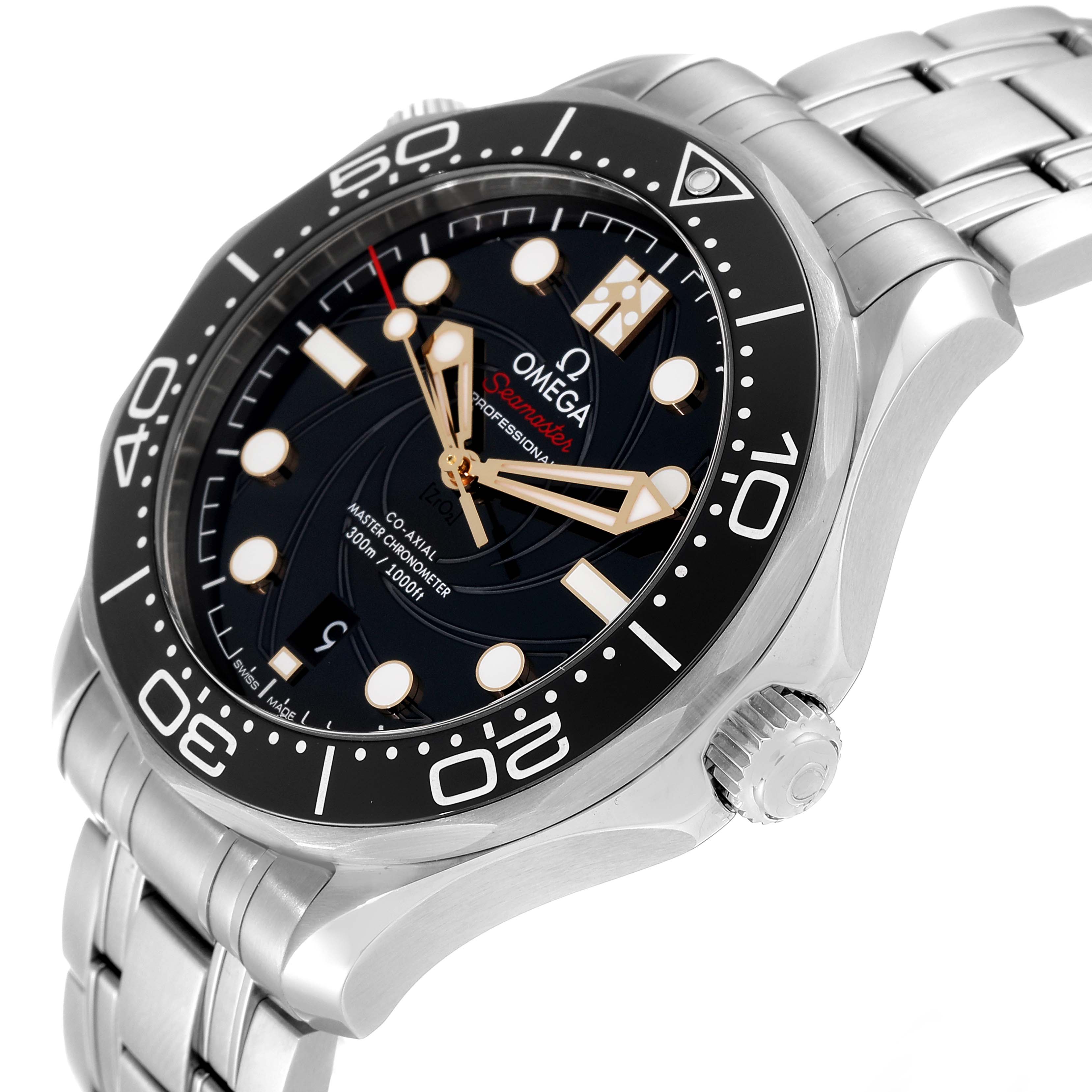 The image shows a side-angle view of an Omega Seamaster 210.22.42.20.01.004 Men's Stainless Steel Black Dial 210.22.42.20.01.004 Men's Stainless Steel Black Dial watch, displaying the dial, bezel, and part of the bracelet.