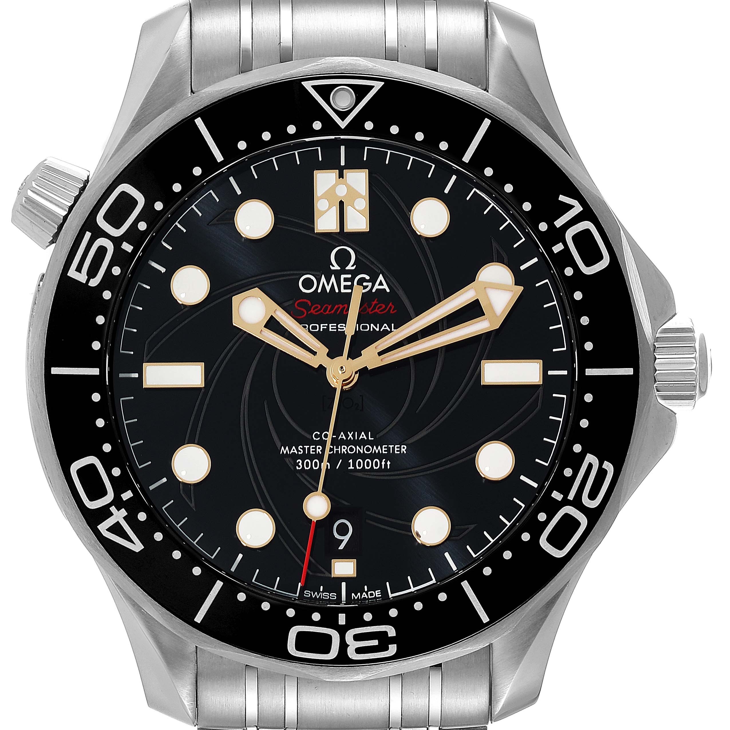 The image shows the front view of an Omega Seamaster 210.22.42.20.01.004 Men's Stainless Steel Black Dial 210.22.42.20.01.004 Men's Stainless Steel Black Dial watch, highlighting the dial, bezel, and part of the bracelet.
