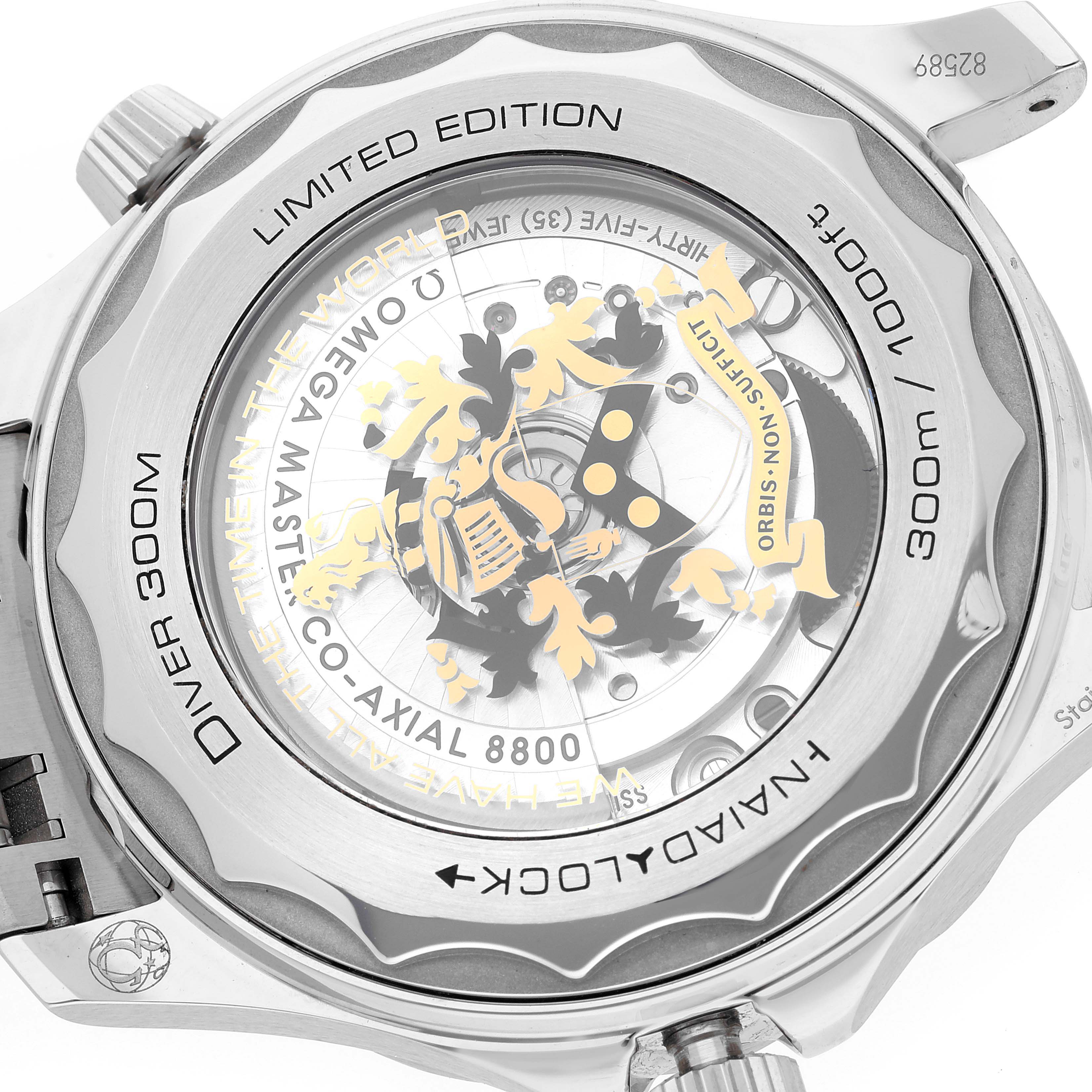 The image shows the back case of an Omega Seamaster 210.22.42.20.01.004 Men's Stainless Steel Black Dial 210.22.42.20.01.004 Men's Stainless Steel Black Dial watch, highlighting its limited edition engraving and intricate mechanism inside.