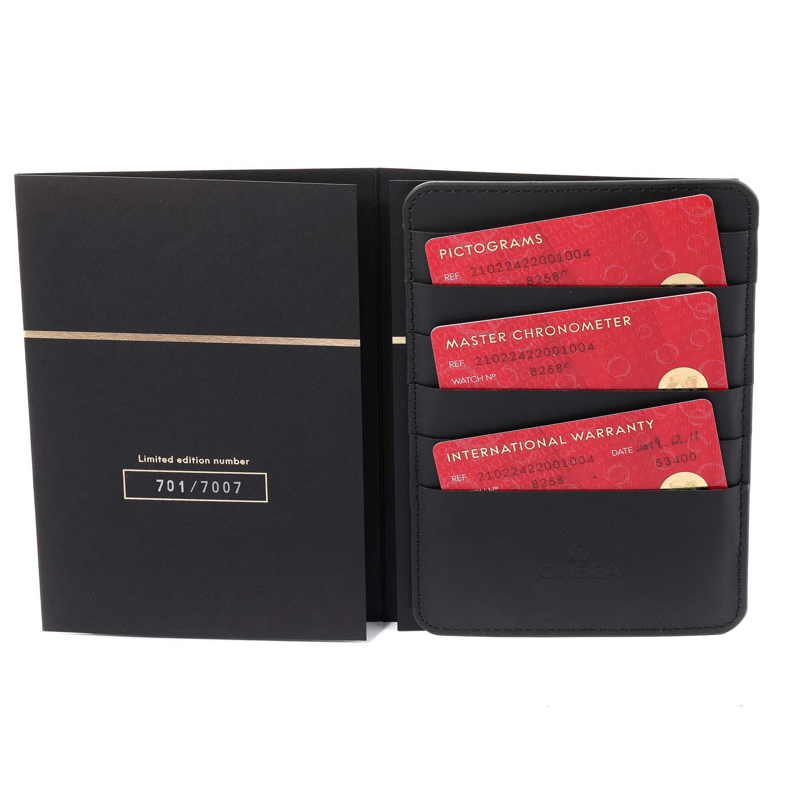 The image shows the certification cards and documentation holder for the Omega Seamaster 210.22.42.20.01.004 Men's Stainless Steel Black Dial 210.22.42.20.01.004 Men's Stainless Steel Black Dial watch, including warranty, chronometer, and pictograms cards.