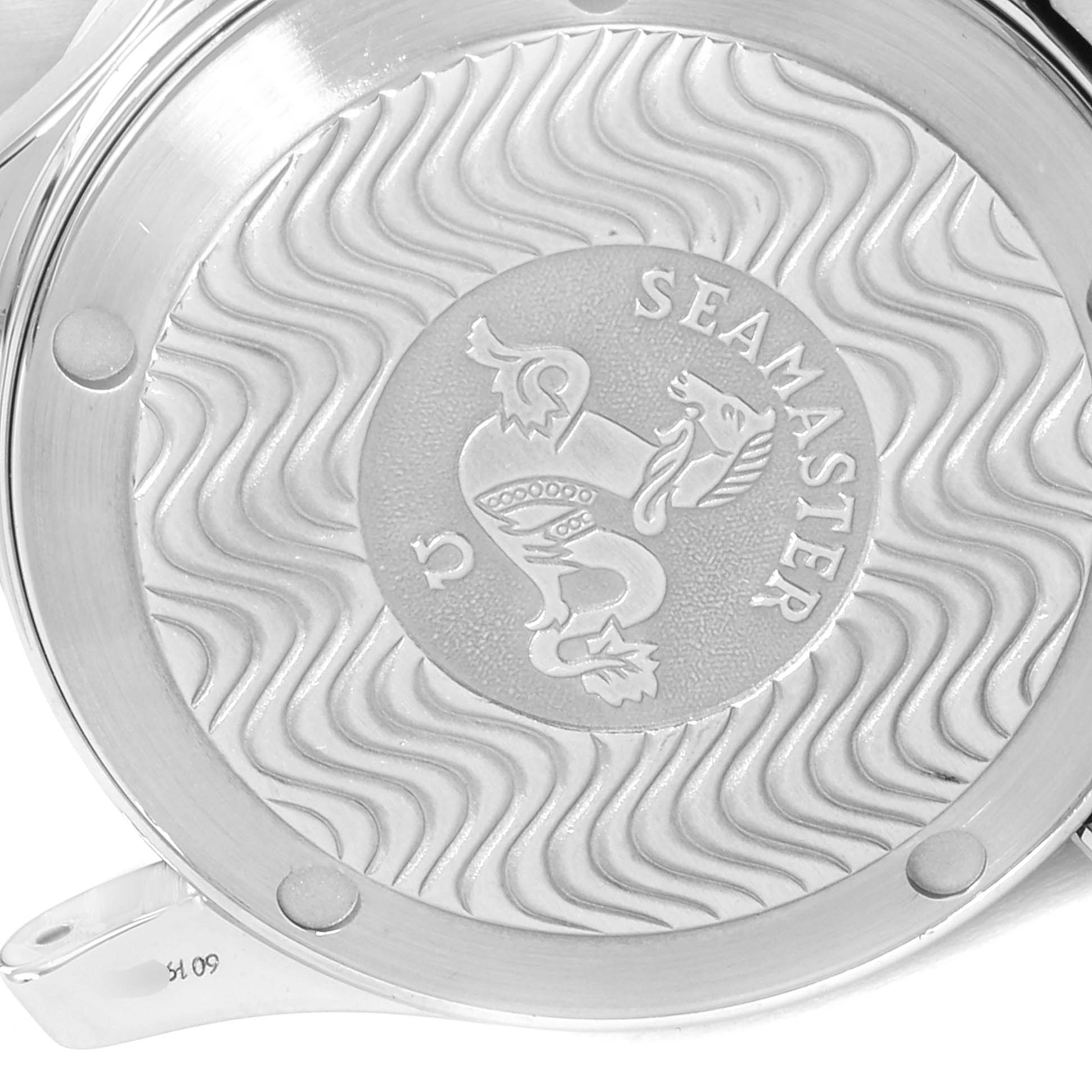 The image shows the back case of an Omega Seamaster 2552.80.00 Men's Stainless Steel Blue Dial 2552.80.00 Men's Stainless Steel Blue Dial watch, featuring a wavy pattern and the Seamaster logo.