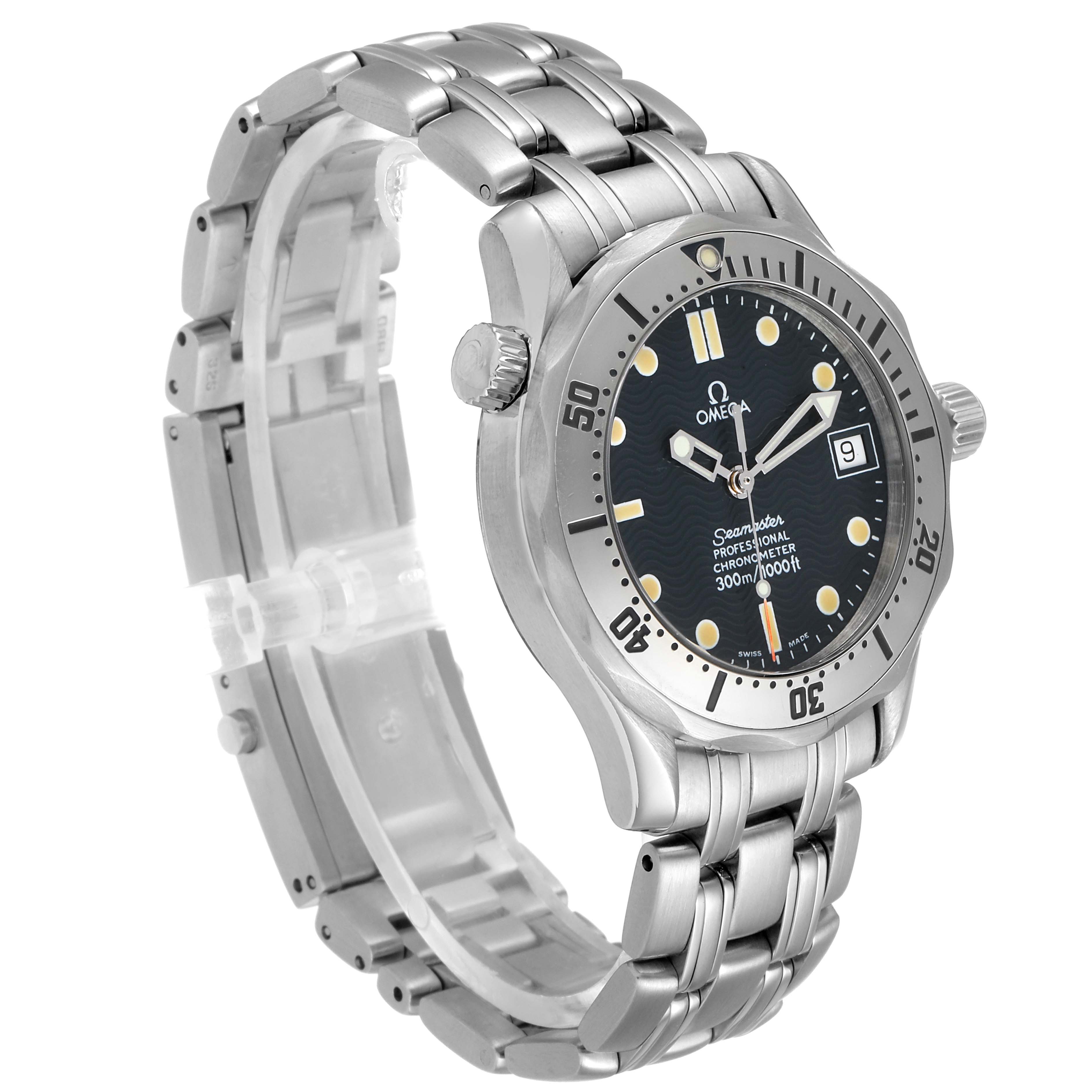 The image shows an angled side view of the Omega Seamaster 2552.80.00 Men's Stainless Steel Blue Dial 2552.80.00 Men's Stainless Steel Blue Dial watch, highlighting its bracelet, bezel, and dial.