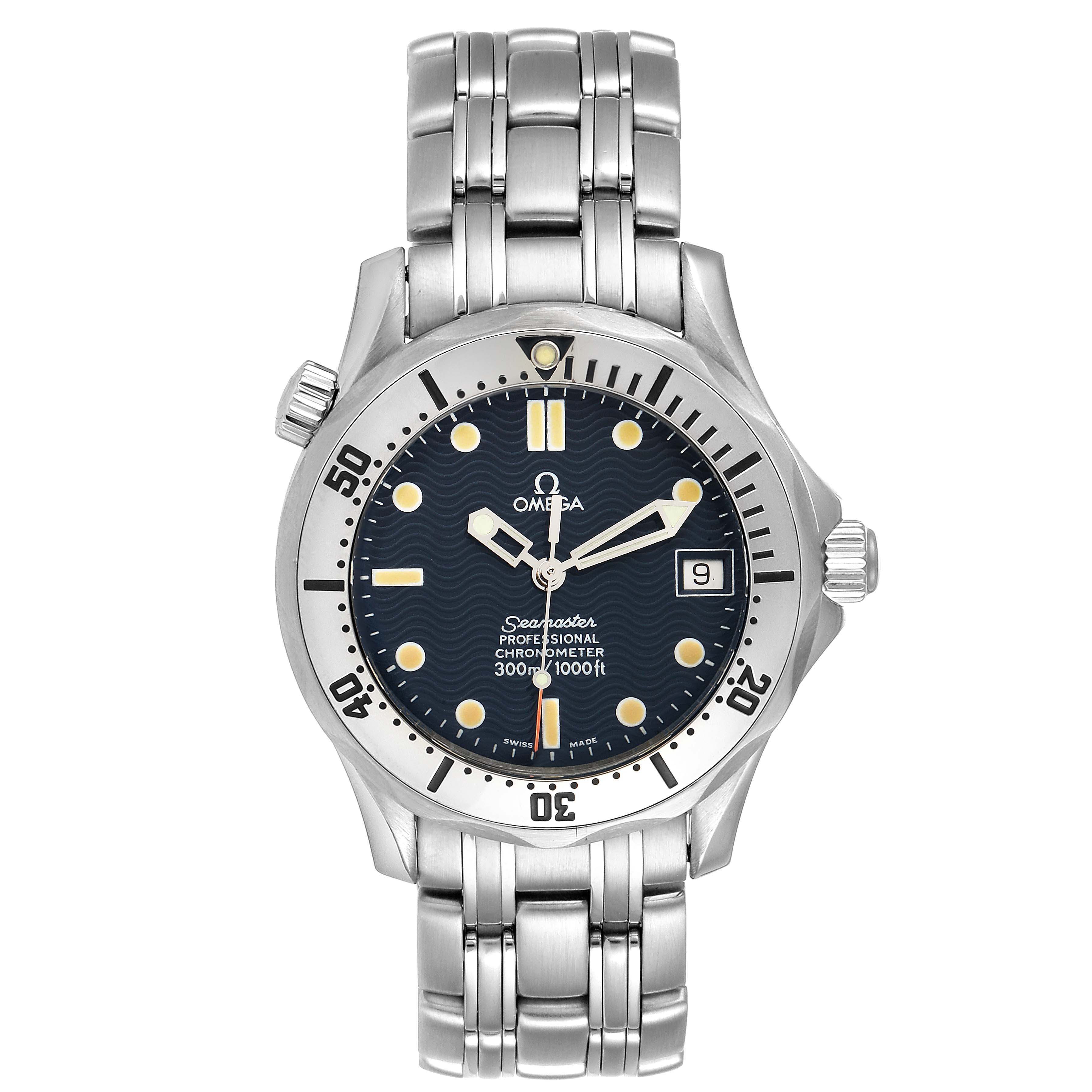 The image shows a front view of an Omega Seamaster 2552.80.00 Men's Stainless Steel Blue Dial 2552.80.00 Men's Stainless Steel Blue Dial watch, displaying its dial, bezel, crown, and bracelet.