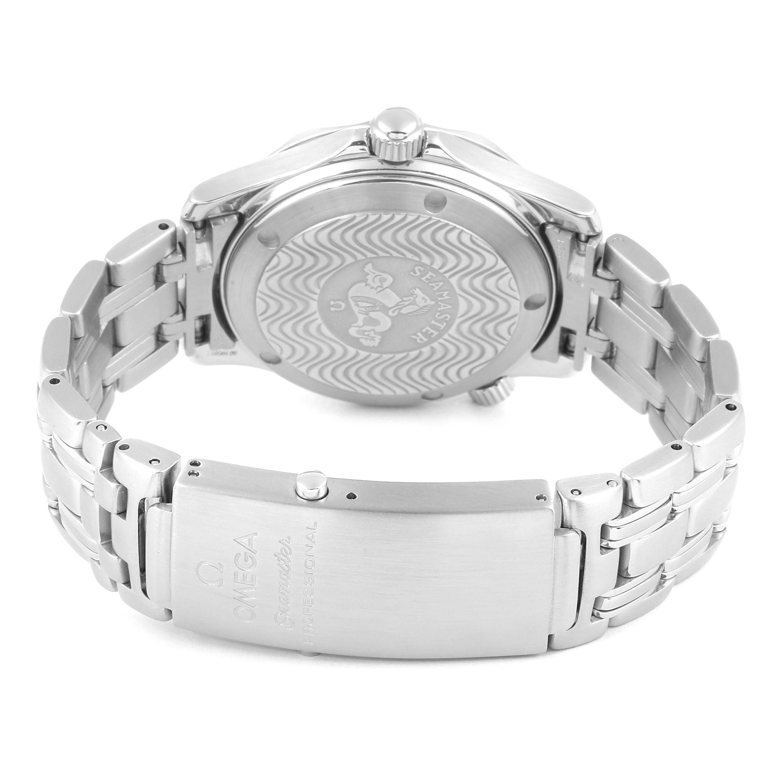 The image shows the back and the clasp of an Omega Seamaster 2552.80.00 Men's Stainless Steel Blue Dial 2552.80.00 Men's Stainless Steel Blue Dial watch, highlighting the engraved case back and metal bracelet.