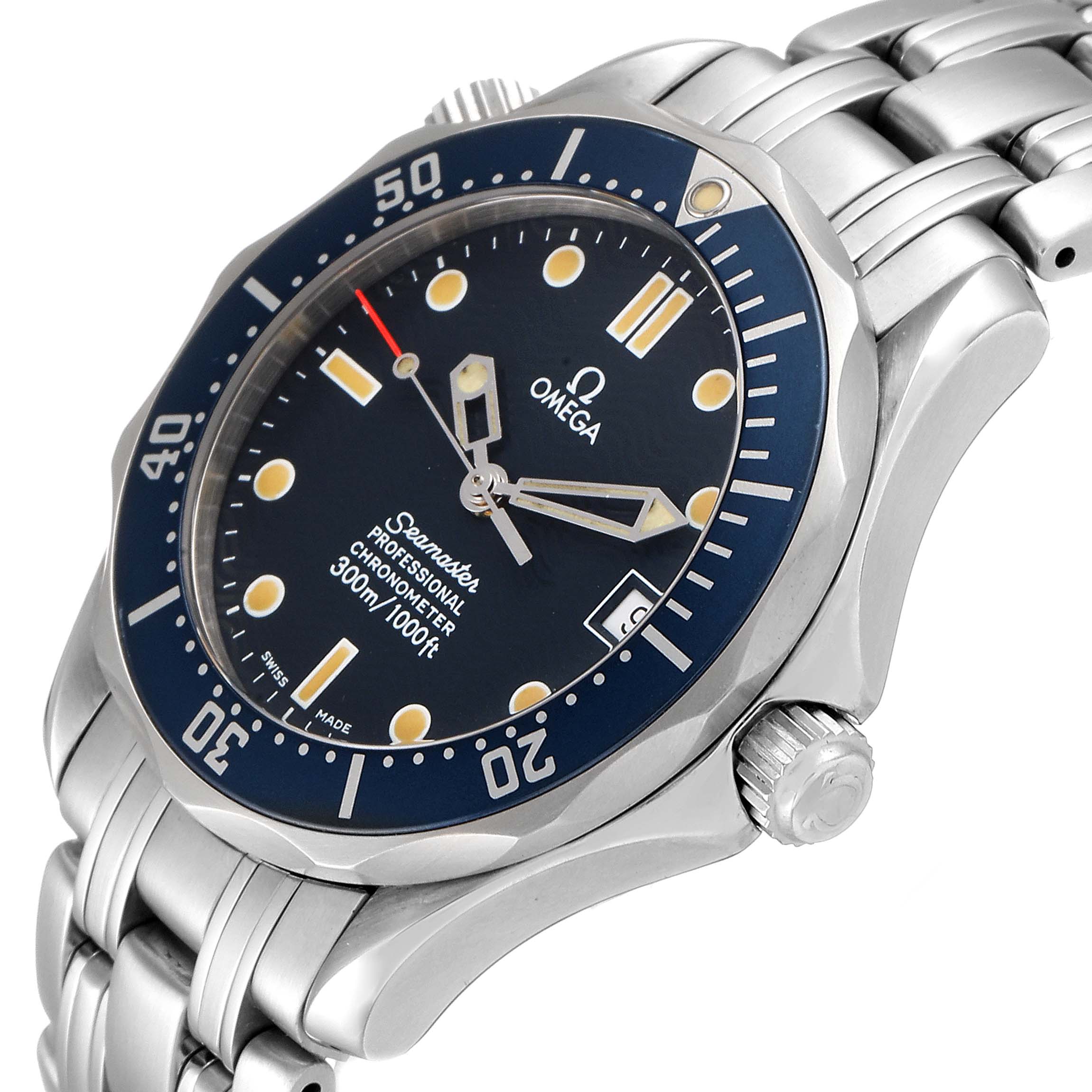 The Omega Seamaster 2551.80.00 Men's Stainless Steel Blue Dial 2551.80.00 Men's Stainless Steel Blue Dial watch is shown at an angle highlighting the dial, bezel, bracelet, and crown.