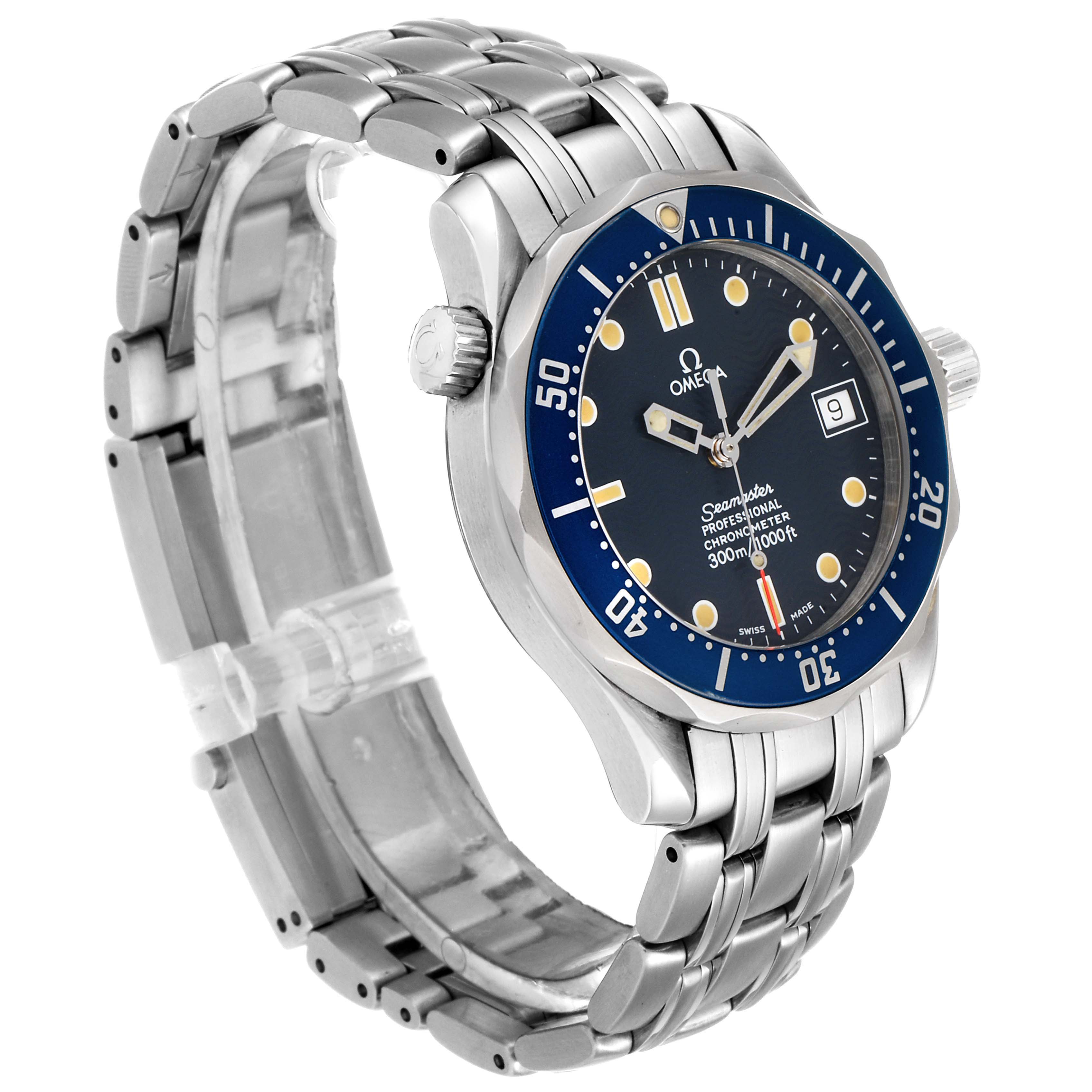 The image shows a side angle of the Omega Seamaster 2551.80.00 Men's Stainless Steel Blue Dial 2551.80.00 Men's Stainless Steel Blue Dial watch, highlighting its silver bracelet, blue bezel, and dark blue dial with date display.