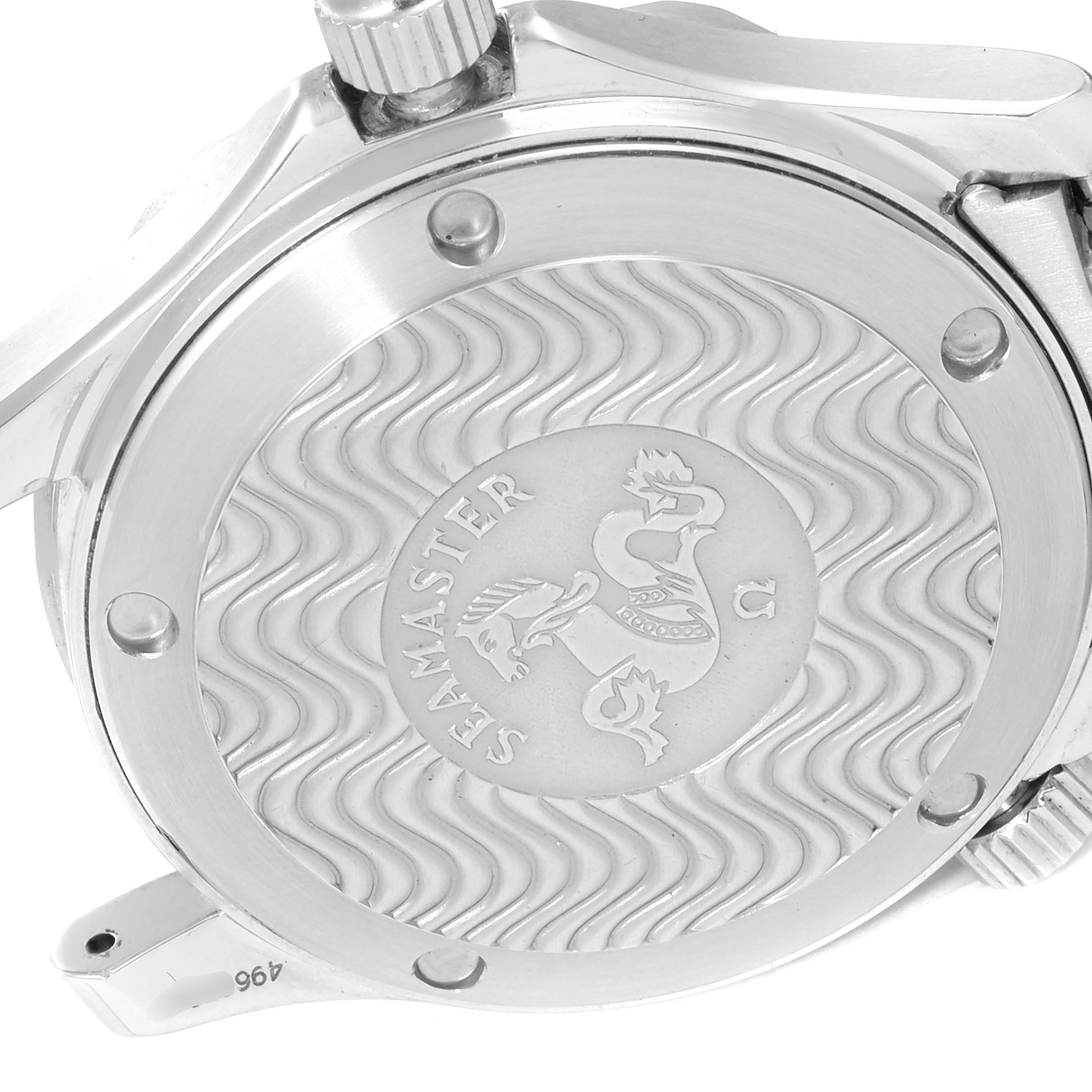 The image shows the case back and crown of an Omega Seamaster 2551.80.00 Men's Stainless Steel Blue Dial 2551.80.00 Men's Stainless Steel Blue Dial watch.