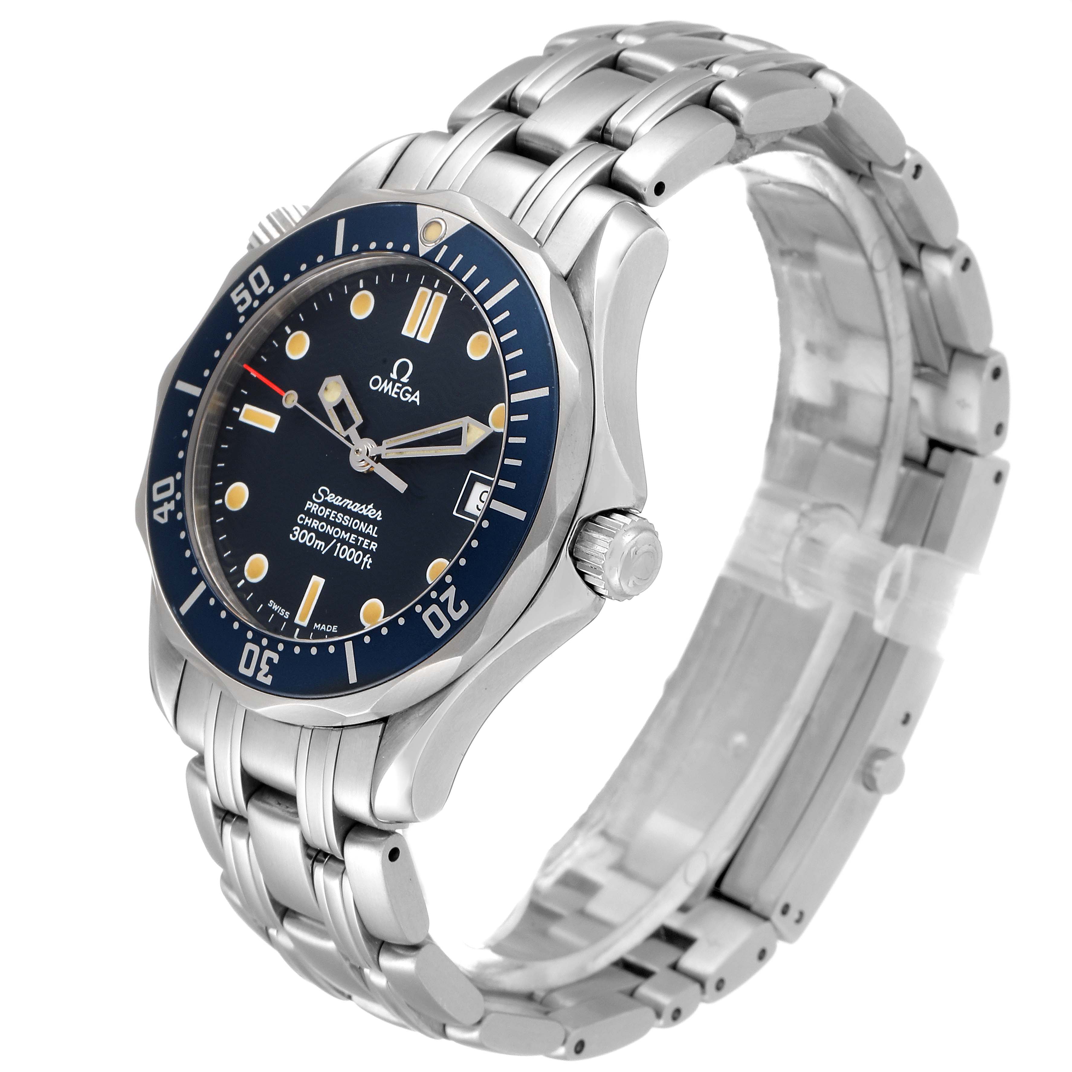 The image shows an angled view of the Omega Seamaster 2551.80.00 Men's Stainless Steel Blue Dial 2551.80.00 Men's Stainless Steel Blue Dial watch, highlighting the face, bezel, bracelet, and crown.