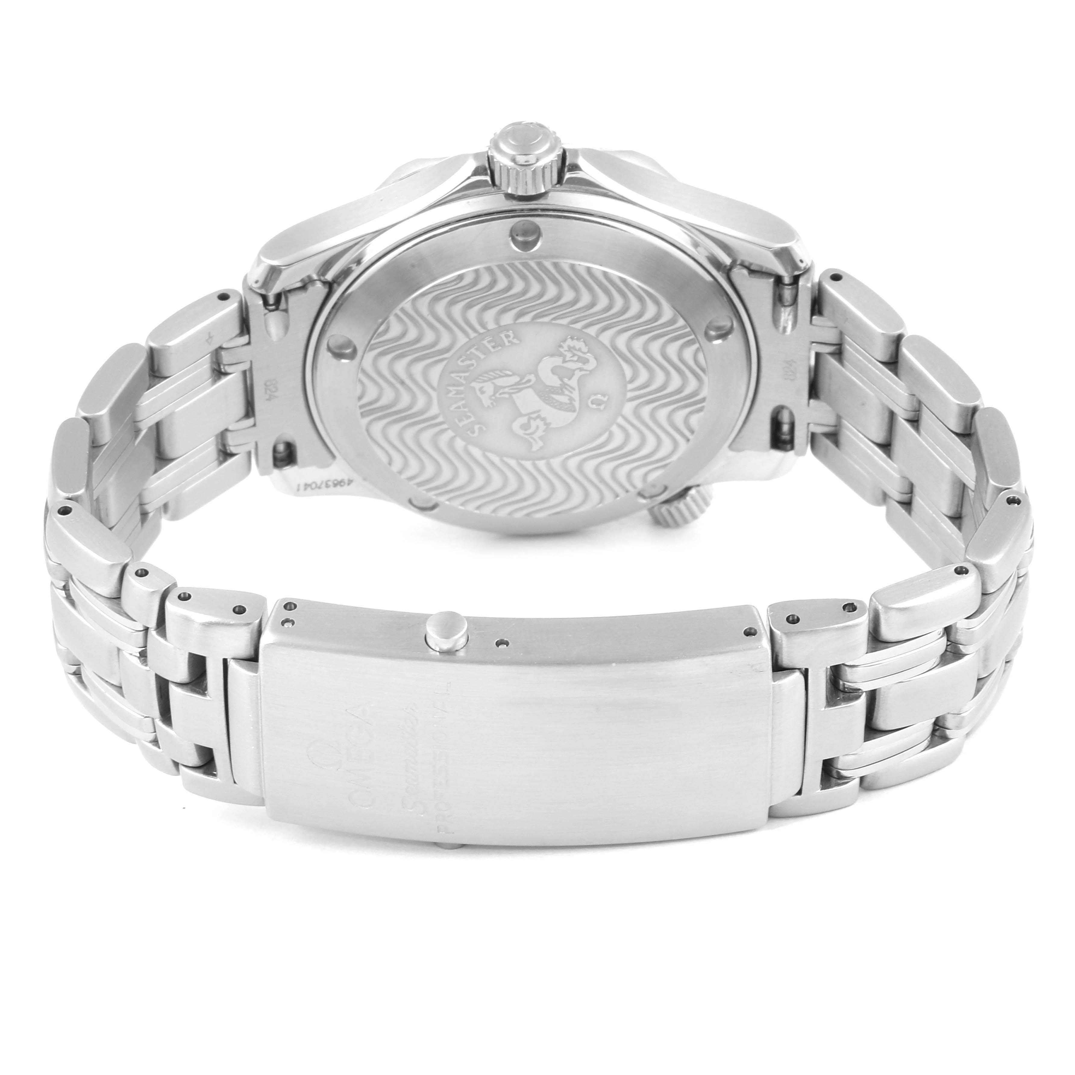 This image shows the back case, crown, and bracelet of an Omega Seamaster 2551.80.00 Men's Stainless Steel Blue Dial 2551.80.00 Men's Stainless Steel Blue Dial watch.