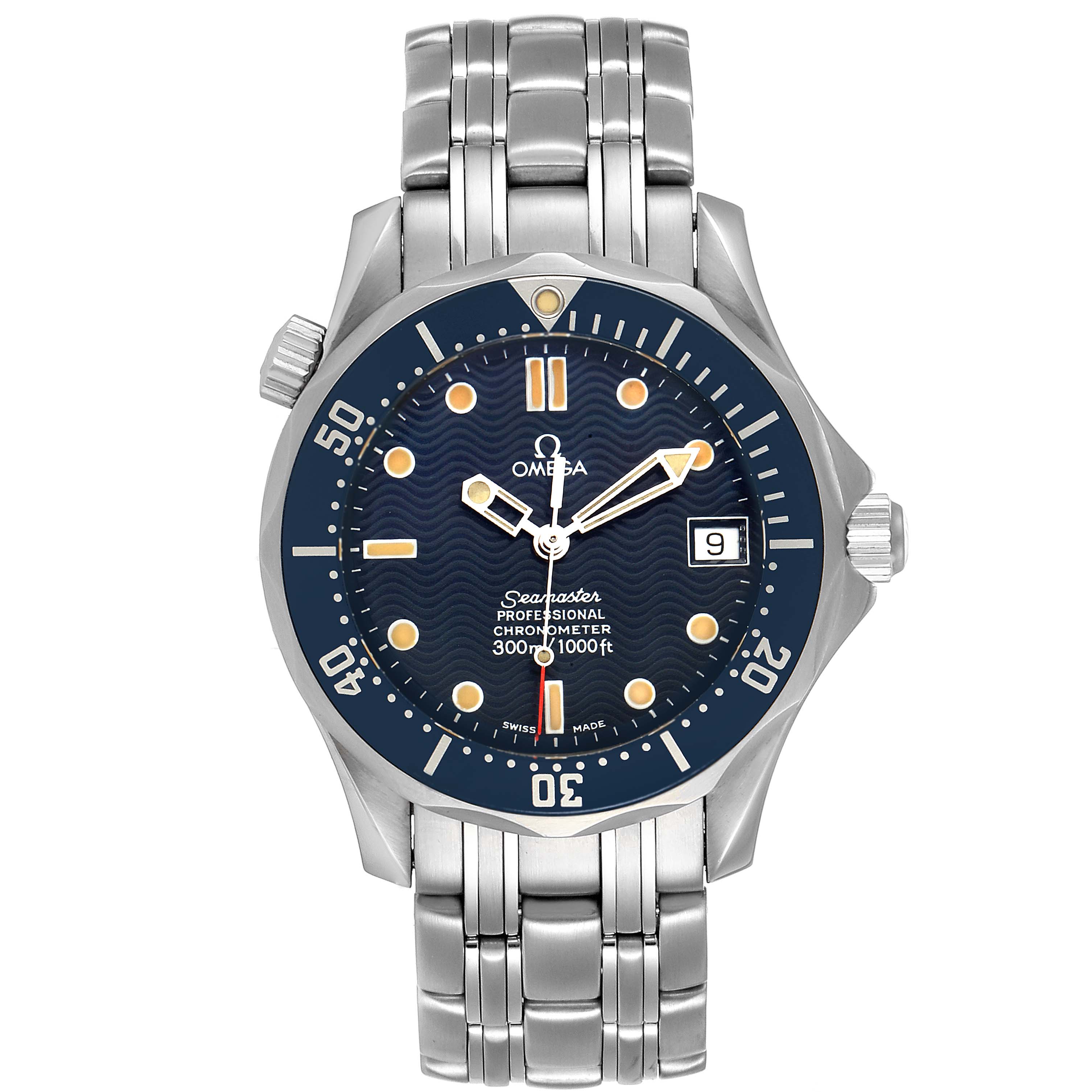 This image shows the Omega Seamaster 2551.80.00 Men's Stainless Steel Blue Dial 2551.80.00 Men's Stainless Steel Blue Dial watch from a frontal angle, displaying the dial, bezel, bracelet, and crown.