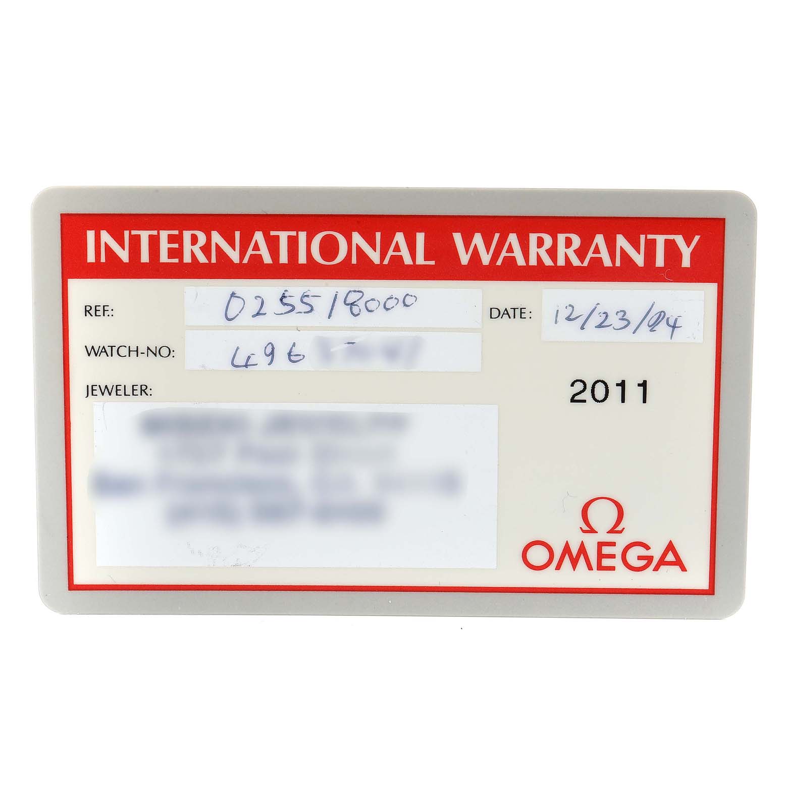 This image shows the international warranty card for an Omega Seamaster 2551.80.00 Men's Stainless Steel Blue Dial 2551.80.00 Men's Stainless Steel Blue Dial watch.