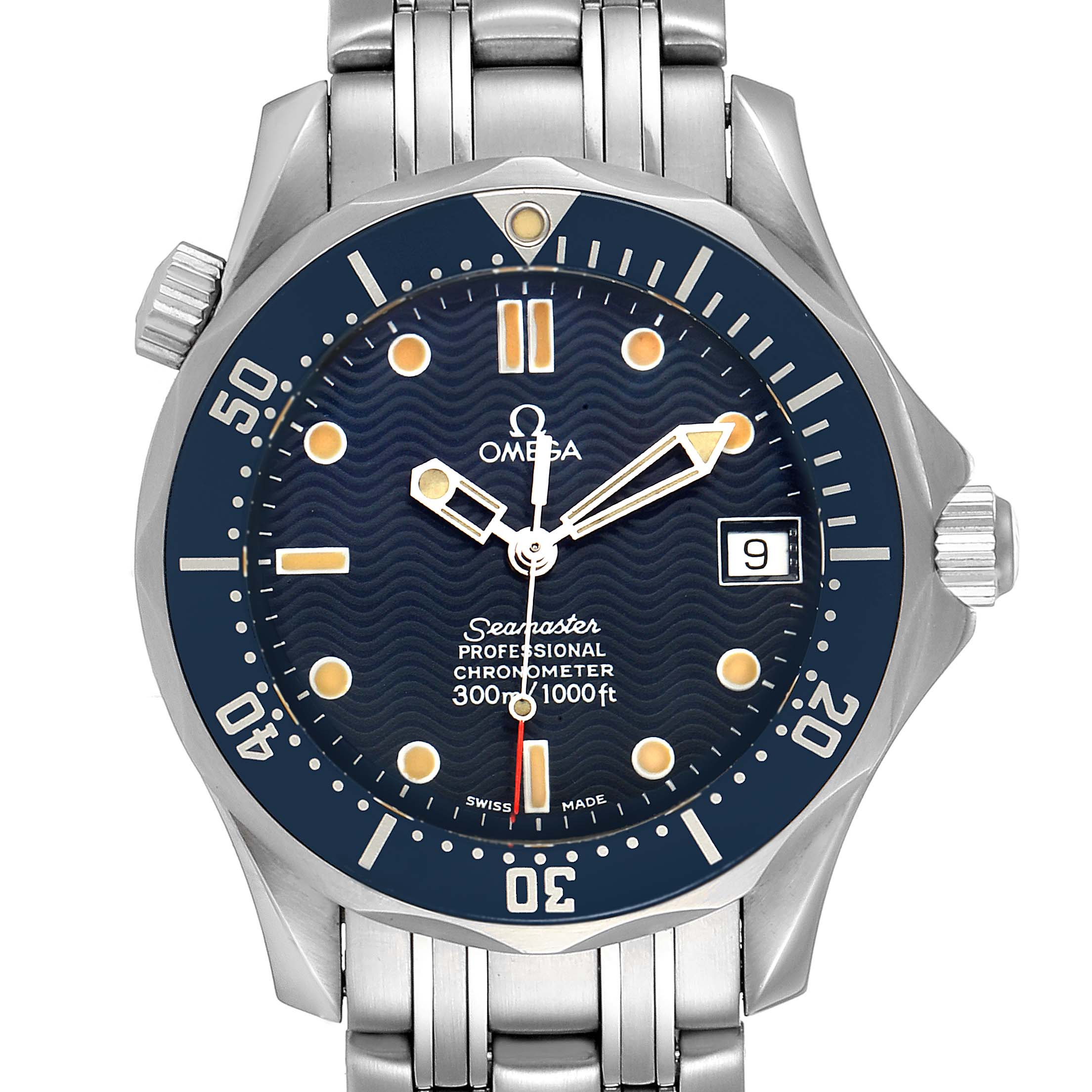 The image shows a front-facing view of an Omega Seamaster 2551.80.00 Men's Stainless Steel Blue Dial 2551.80.00 Men's Stainless Steel Blue Dial watch, highlighting its dial, bezel, crown, bracelet, and date display.