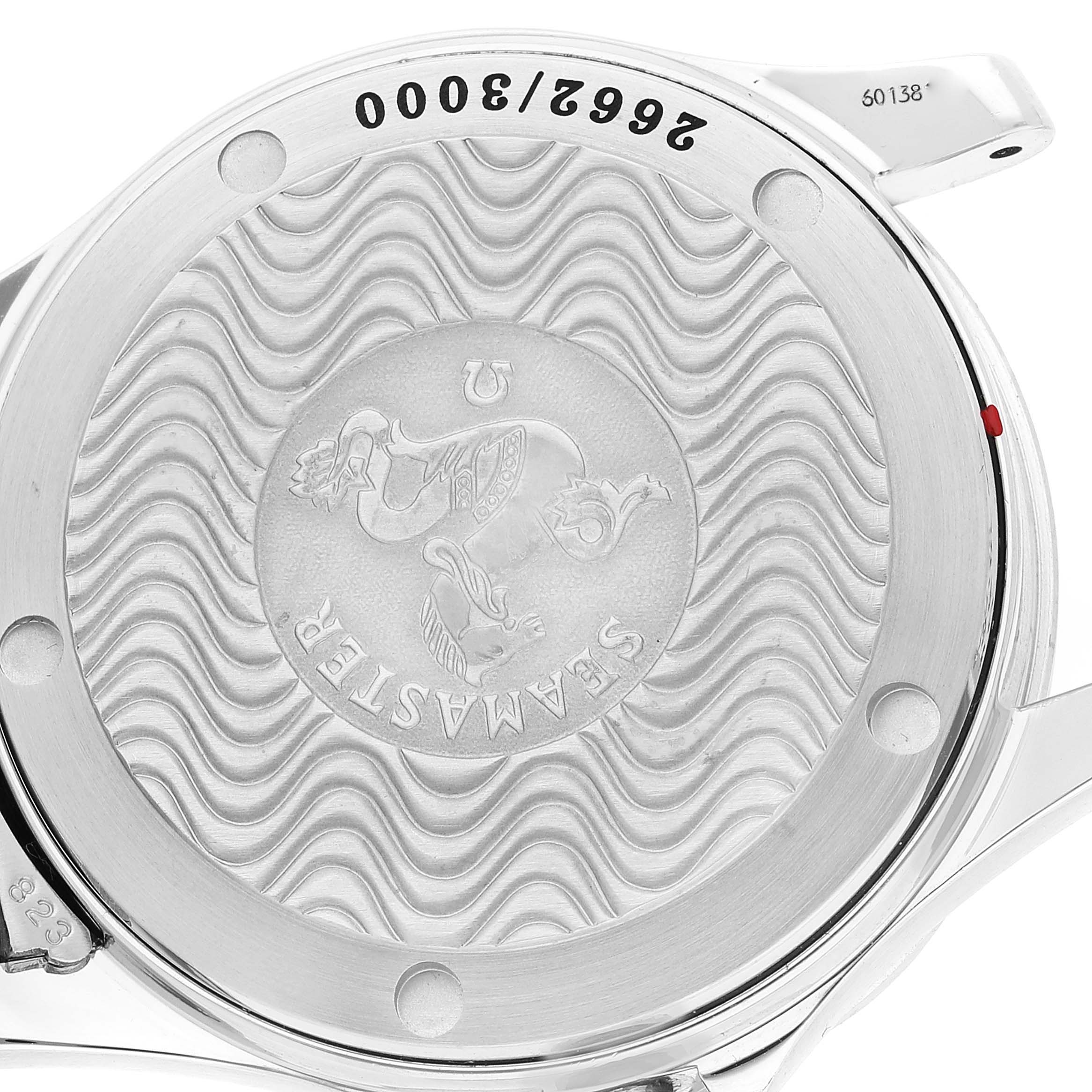 The image shows the back case of an Omega Seamaster 2553.41.00 Men's Stainless Steel Green Dial 2553.41.00 Men's Stainless Steel Green Dial watch, highlighting the engraved wave pattern and model details.