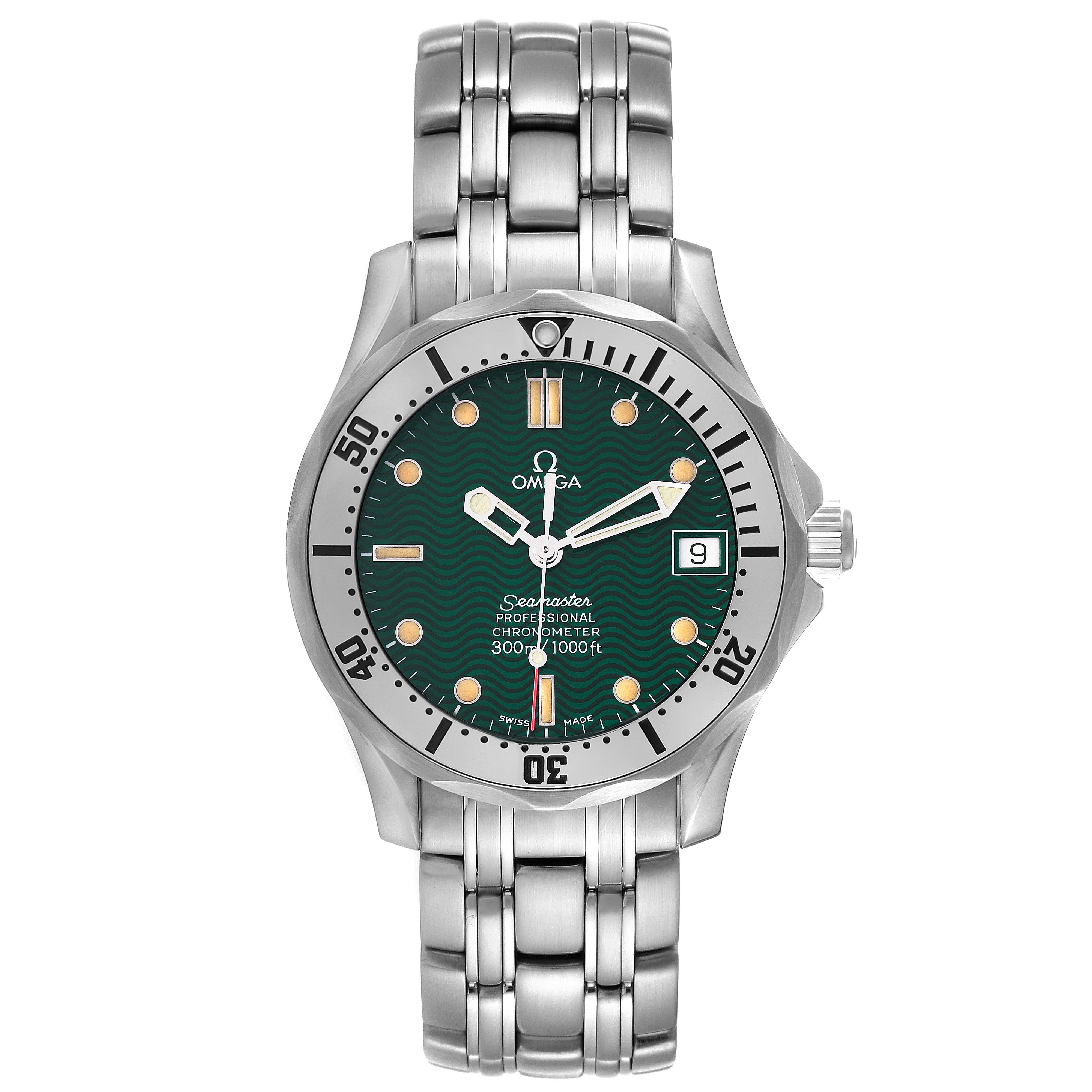 This image shows a front view of the Omega Seamaster 2553.41.00 Men's Stainless Steel Green Dial 2553.41.00 Men's Stainless Steel Green Dial watch, highlighting the face, bezel, bracelet, and crown.