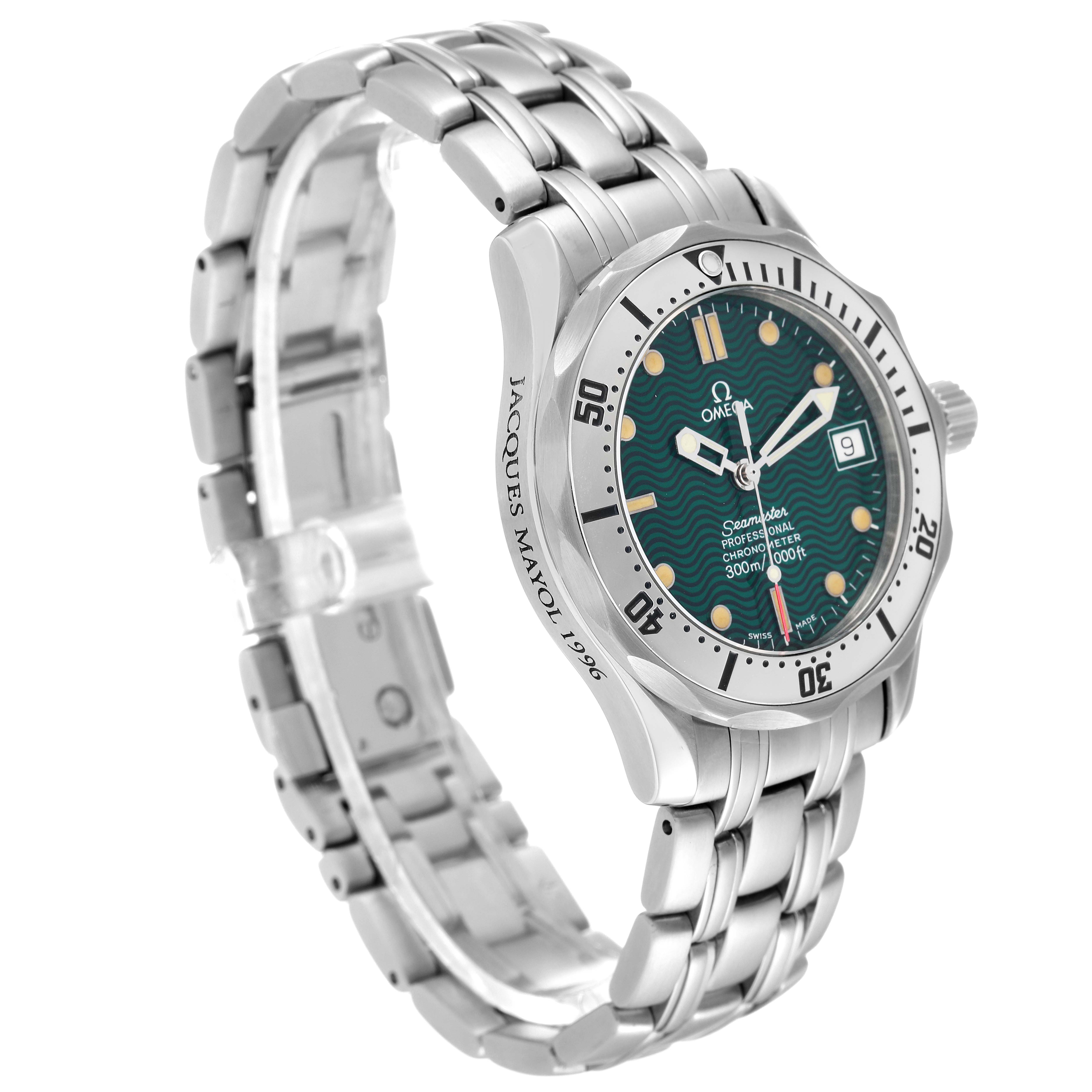 The image shows a side angle of the Omega Seamaster 2553.41.00 Men's Stainless Steel Green Dial 2553.41.00 Men's Stainless Steel Green Dial watch, highlighting its face, bezel, crown, and metal bracelet.