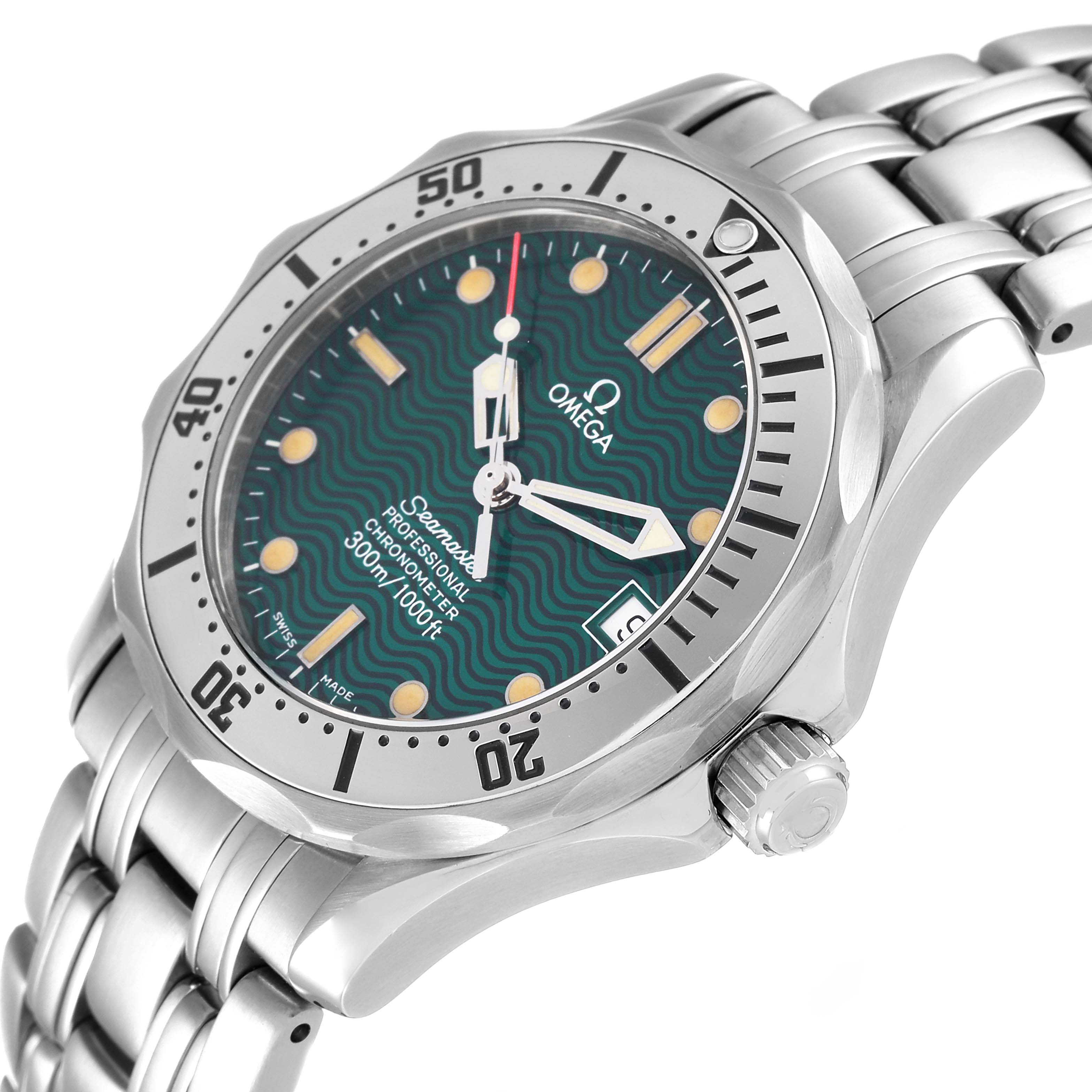 This image shows a side view angle of an Omega Seamaster 2553.41.00 Men's Stainless Steel Green Dial 2553.41.00 Men's Stainless Steel Green Dial watch, highlighting its dial, bezel, bracelet, and crown.