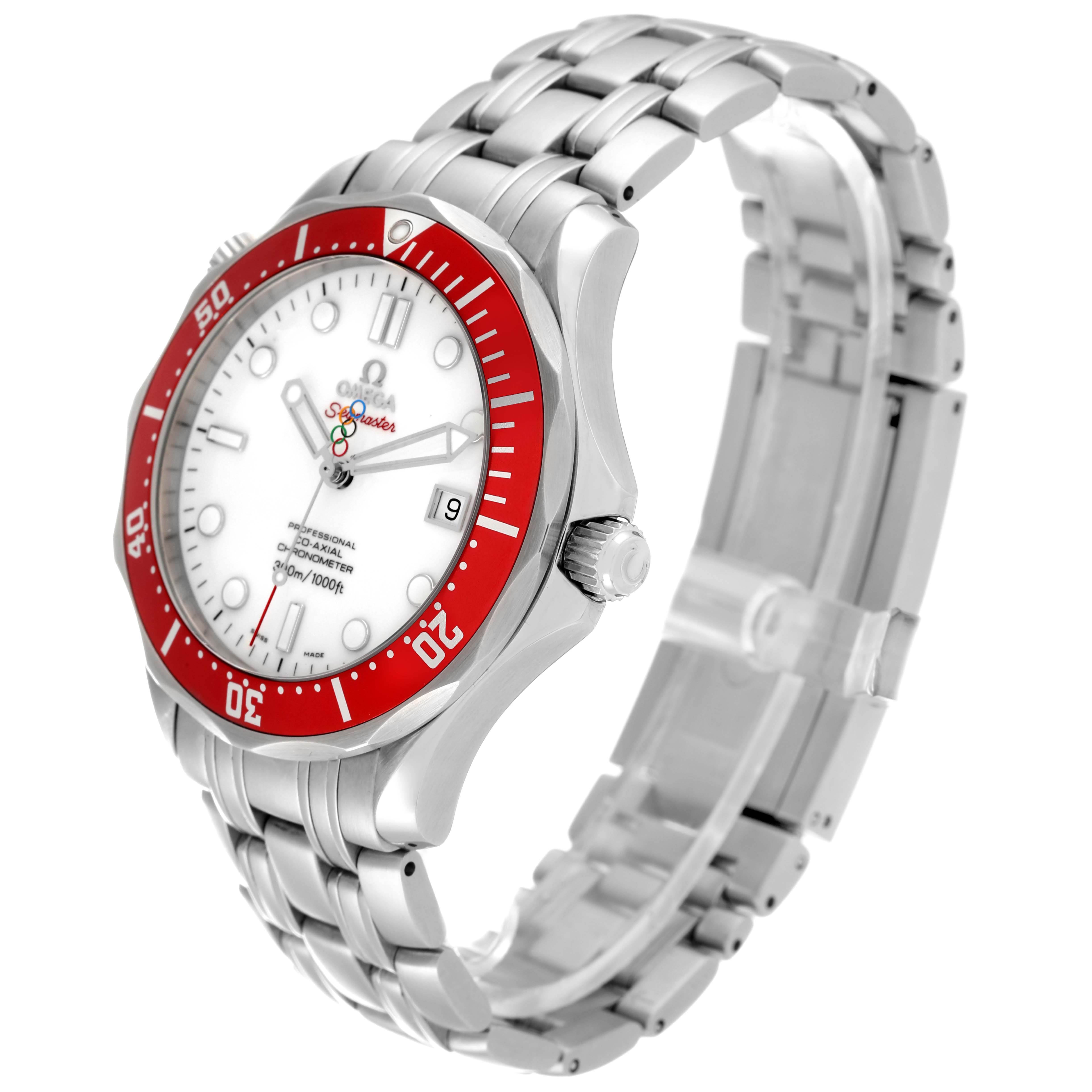 The Omega Seamaster 212.30.41.20.04.001 Men's Stainless Steel White Dial 212.30.41.20.04.001 Men's Stainless Steel White Dial watch is shown at a three-quarter angle, highlighting the face, bezel, crown, and metal bracelet.