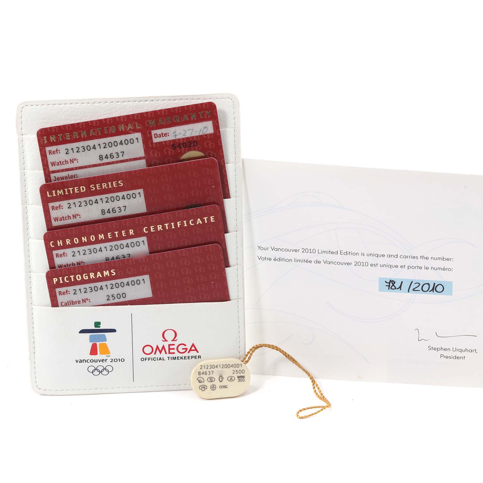 The image shows warranty cards, a commemorative booklet, and a tag for the Omega Seamaster 212.30.41.20.04.001 Men's Stainless Steel White Dial 212.30.41.20.04.001 Men's Stainless Steel White Dial watch from a straight-on angle.