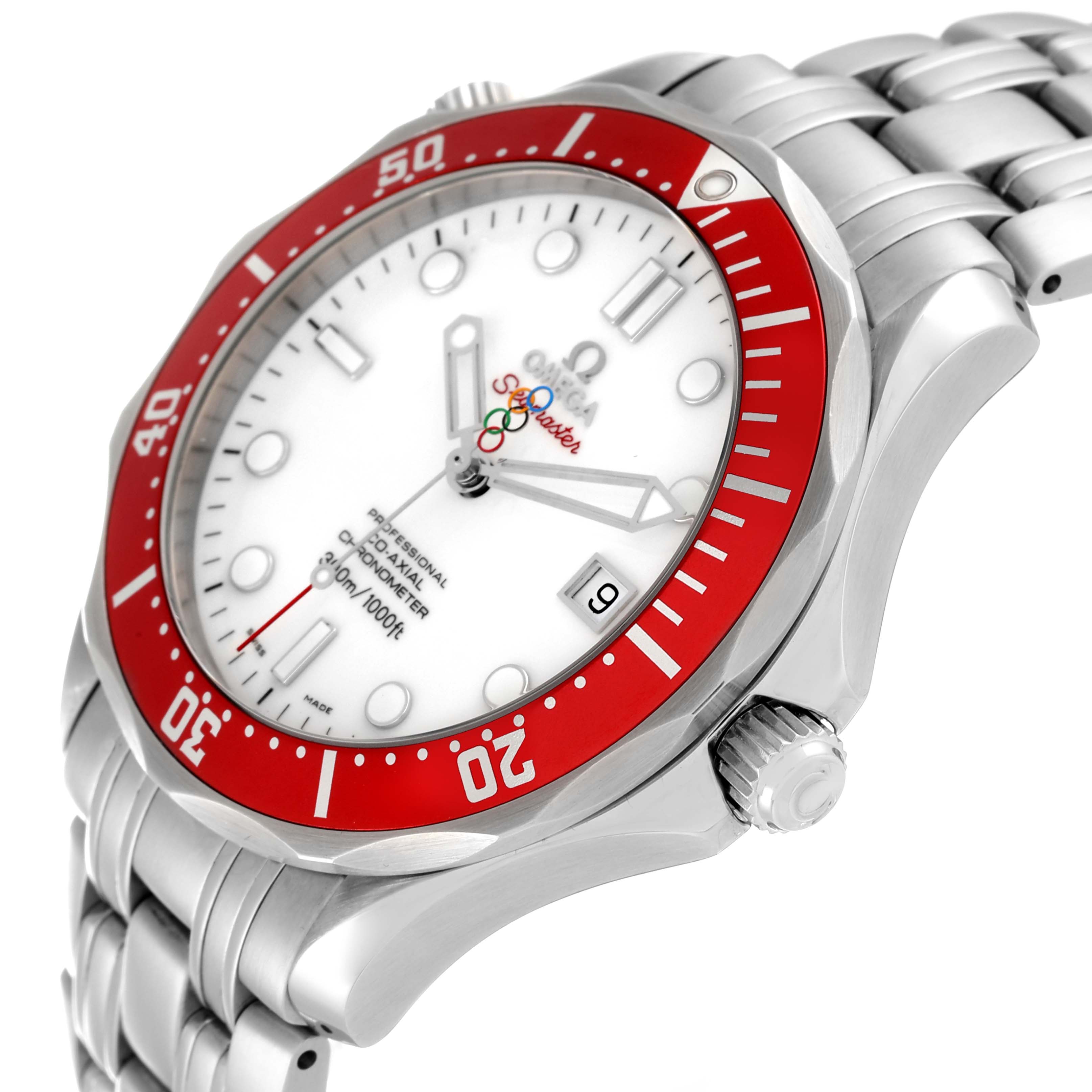 The Omega Seamaster 212.30.41.20.04.001 Men's Stainless Steel White Dial 212.30.41.20.04.001 Men's Stainless Steel White Dial watch is shown at a slight side angle, displaying the dial, crown, bezel, and bracelet.