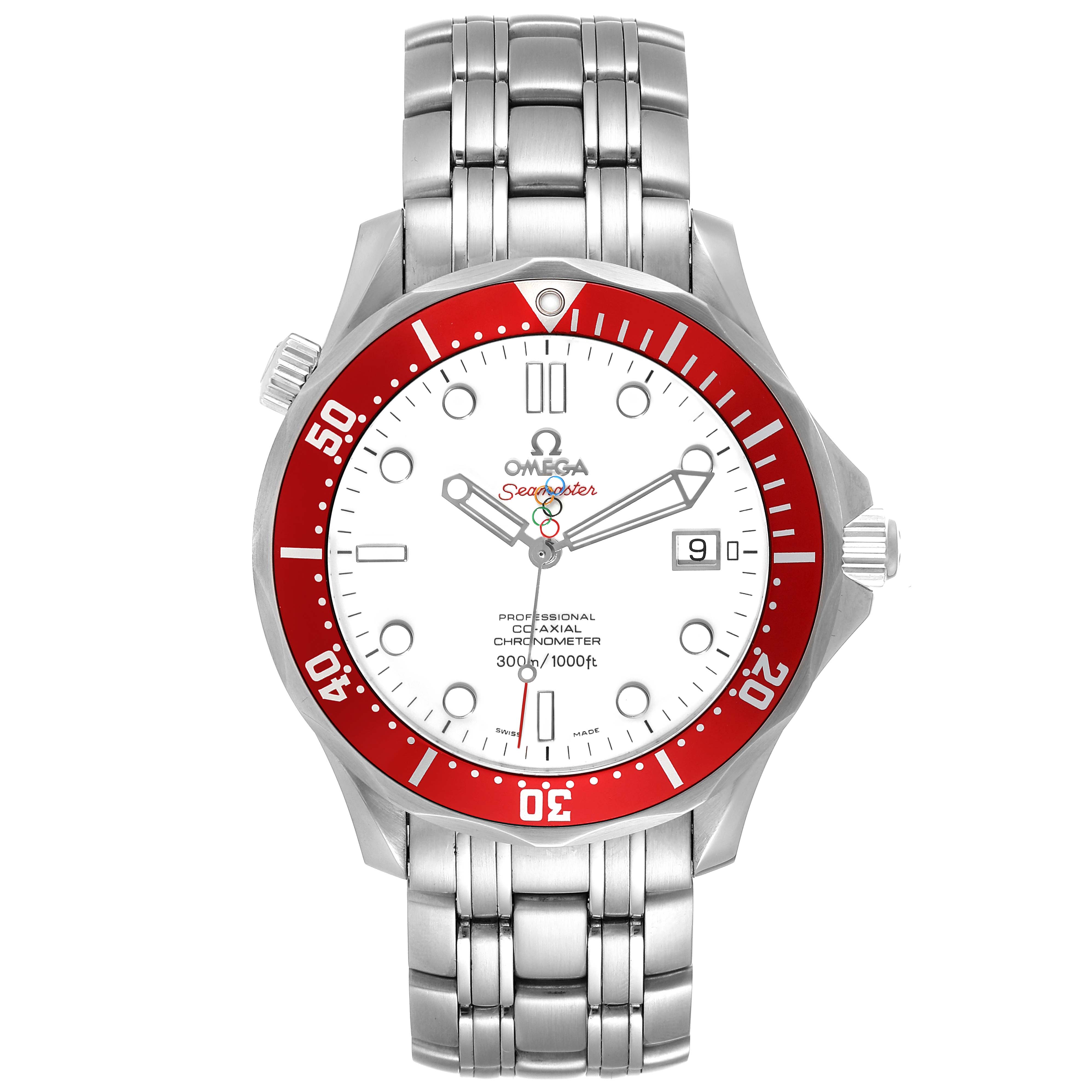 The image shows a front view of an Omega Seamaster 212.30.41.20.04.001 Men's Stainless Steel White Dial 212.30.41.20.04.001 Men's Stainless Steel White Dial watch with a red bezel and a white dial.