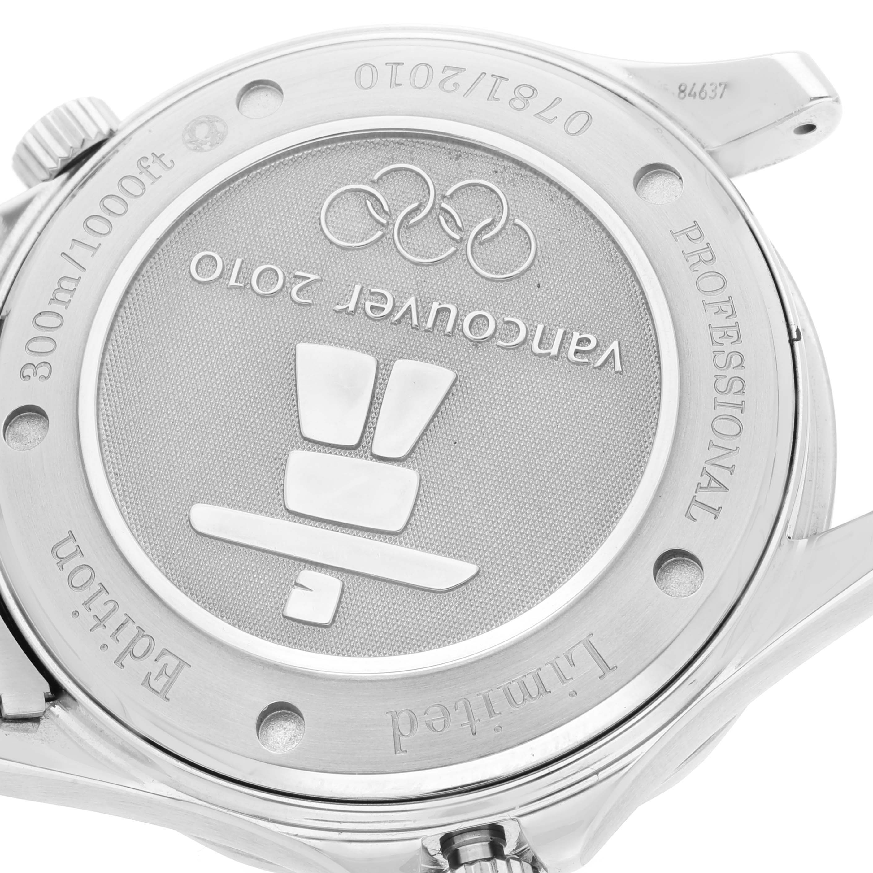 The image shows the back of an Omega Seamaster 212.30.41.20.04.001 Men's Stainless Steel White Dial 212.30.41.20.04.001 Men's Stainless Steel White Dial watch, highlighting the Vancouver 2010 engraving and other markings.