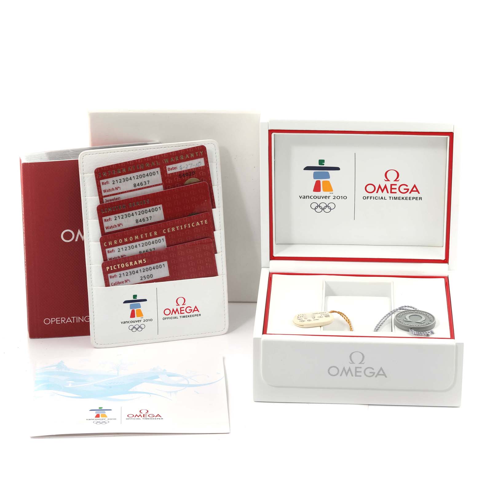 The image shows an Omega Seamaster 212.30.41.20.04.001 Men's Stainless Steel White Dial 212.30.41.20.04.001 Men's Stainless Steel White Dial watch box, warranty cards, certificate, operating instructions, and Olympic-themed packaging.