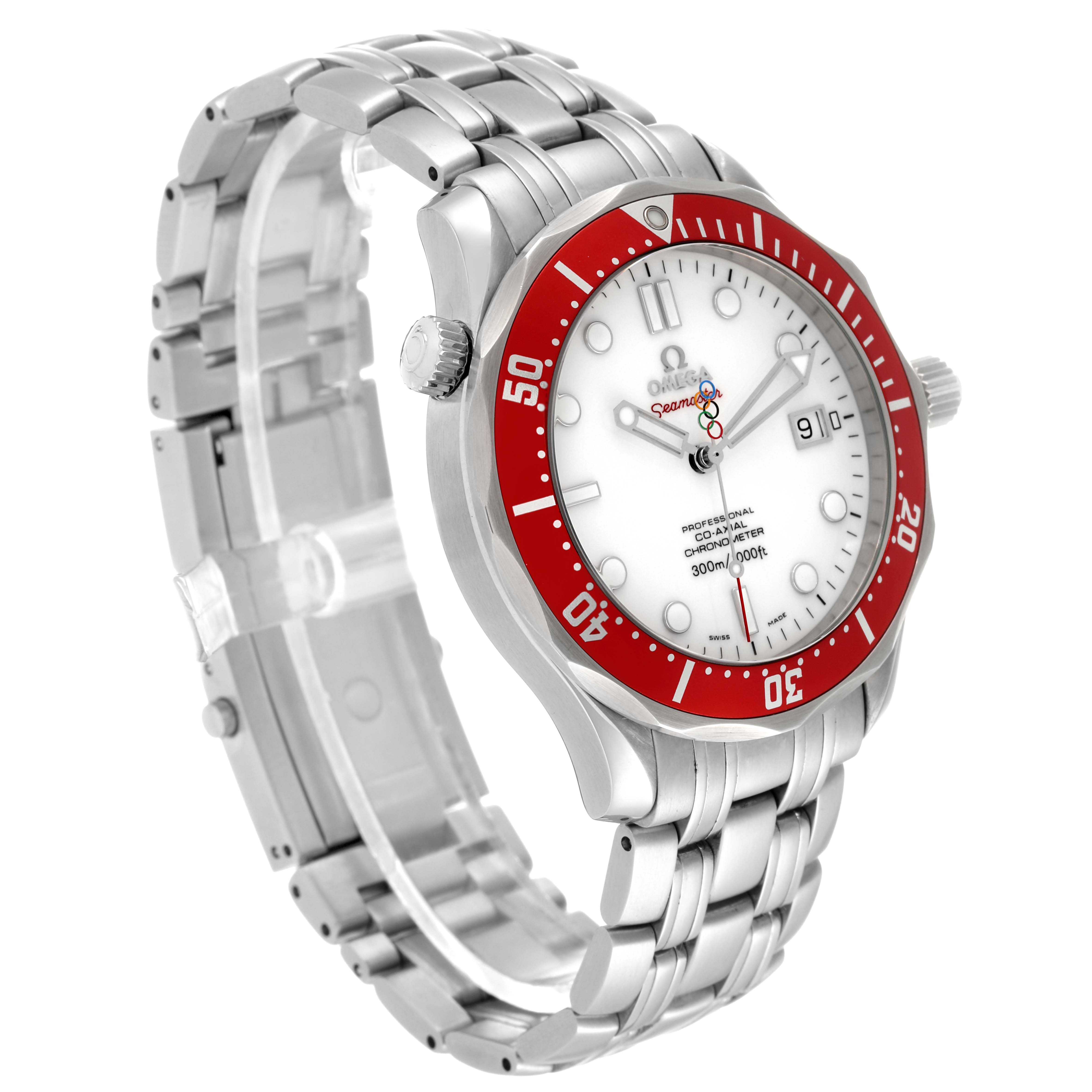 The image shows an angled view of an Omega Seamaster 212.30.41.20.04.001 Men's Stainless Steel White Dial 212.30.41.20.04.001 Men's Stainless Steel White Dial watch, highlighting its red bezel, white dial, and stainless steel bracelet.