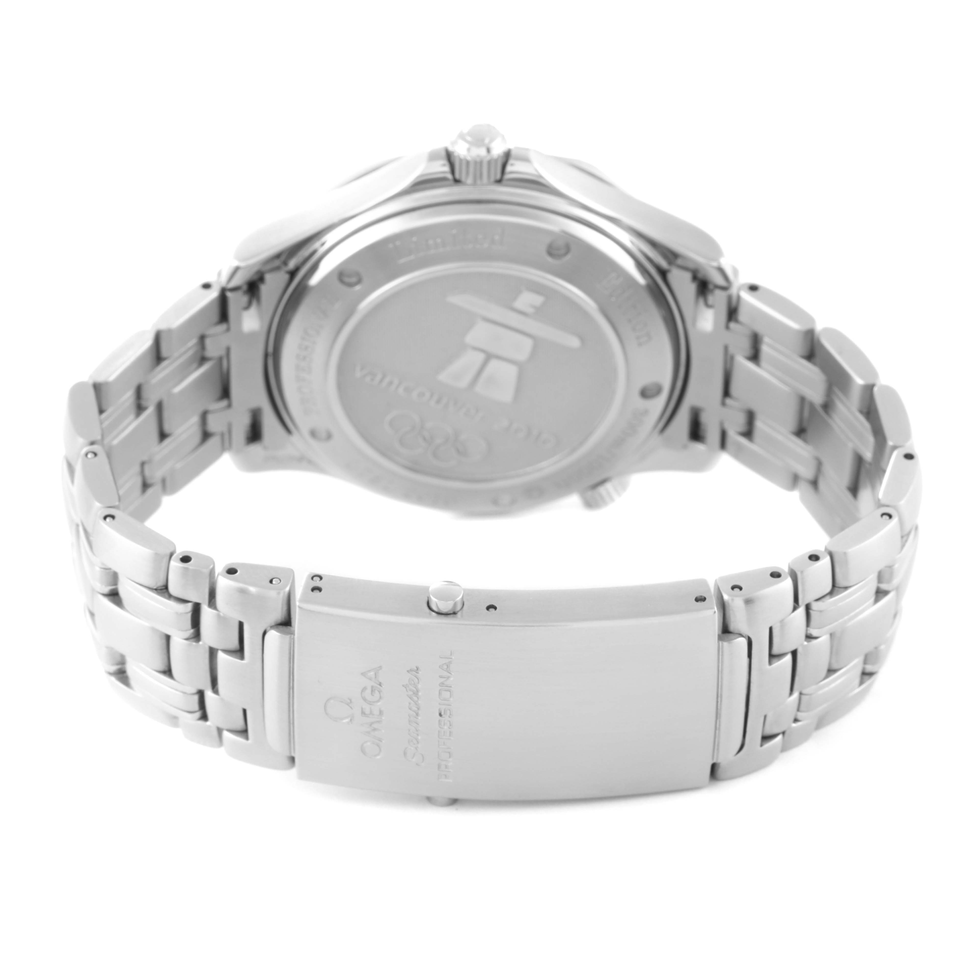 The image shows the back and bracelet of an Omega Seamaster 212.30.41.20.04.001 Men's Stainless Steel White Dial 212.30.41.20.04.001 Men's Stainless Steel White Dial watch, featuring the case back and clasp.