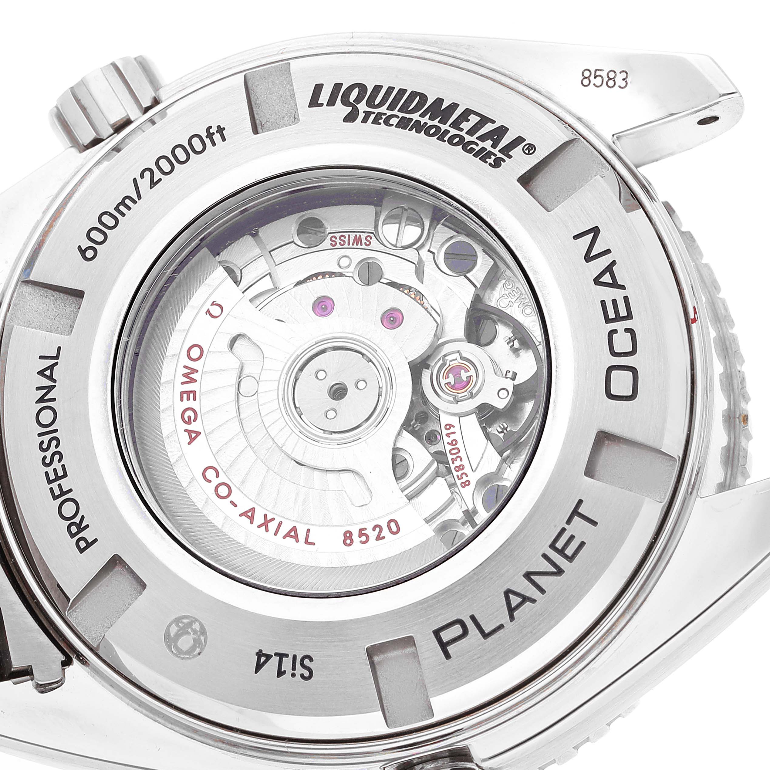 The image shows the back view of the Omega Planet Ocean 232.90.38.20.03.001 Men's Titanium Blue Dial 232.90.38.20.03.001 Men's Titanium Blue Dial watch, highlighting the automatic movement and Liquidmetal technology.