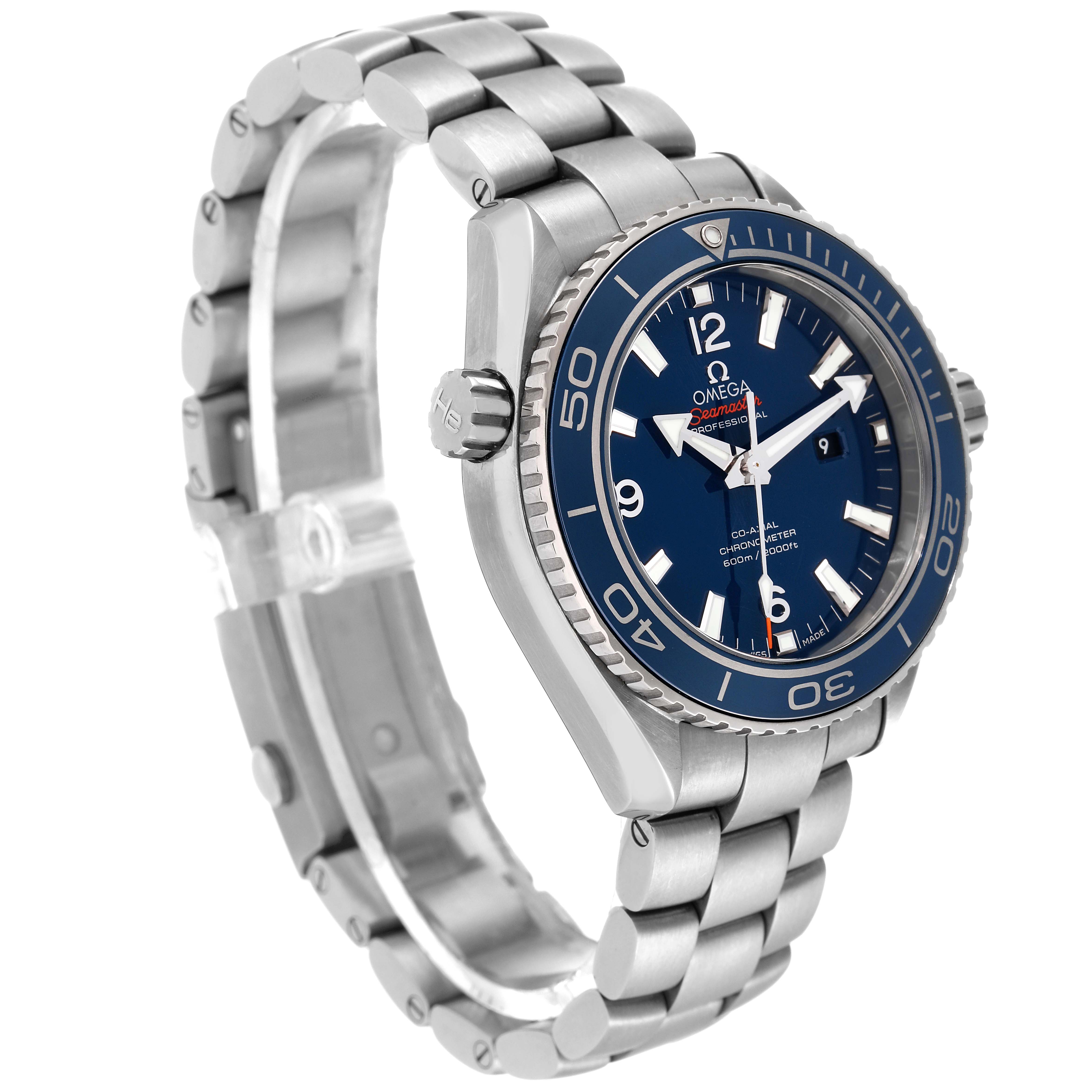 The image shows a side angle of the Omega Planet Ocean 232.90.38.20.03.001 Men's Titanium Blue Dial 232.90.38.20.03.001 Men's Titanium Blue Dial watch, revealing its face, bezel, crown, and stainless steel bracelet.
