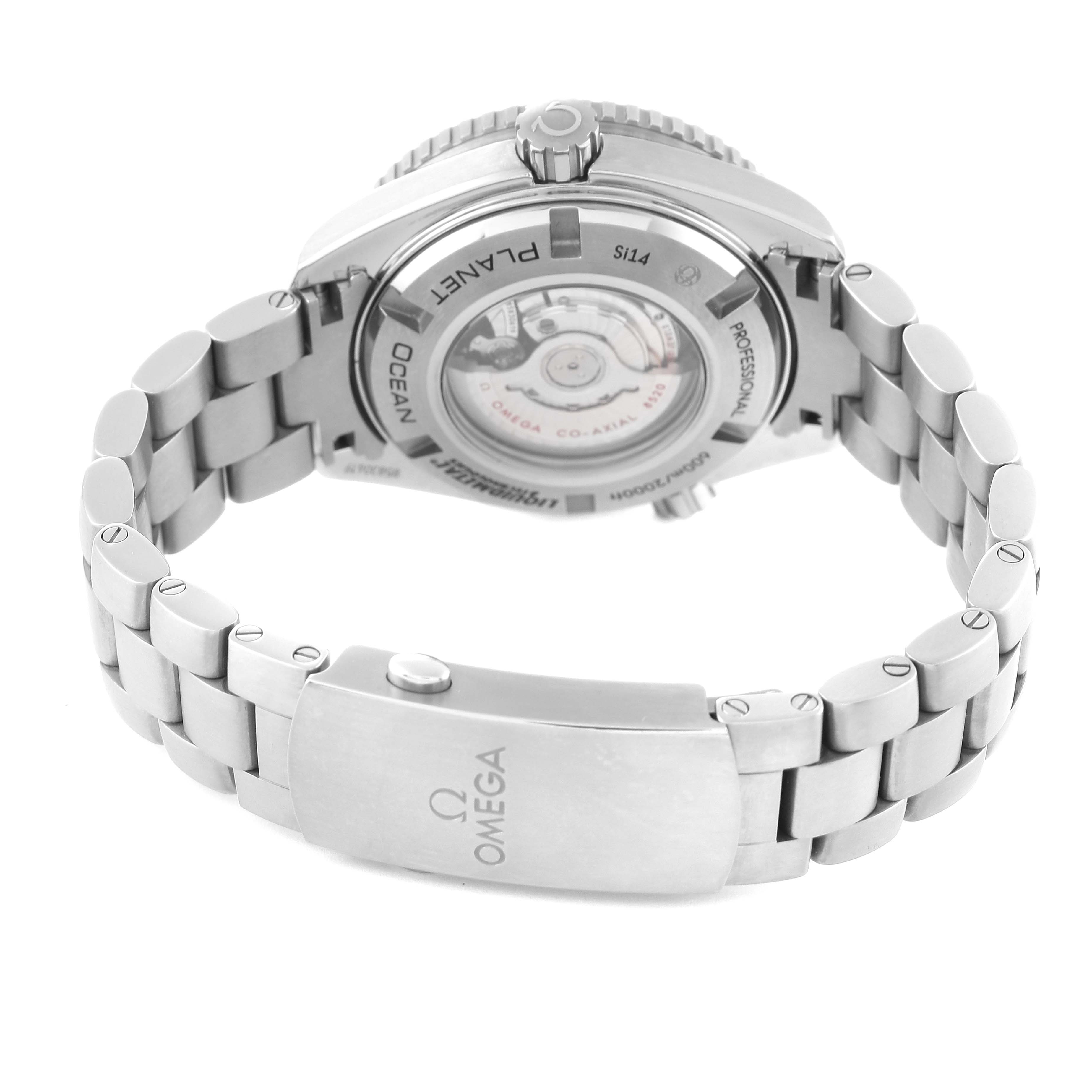 The image shows the back view of the Omega Planet Ocean 232.90.38.20.03.001 Men's Titanium Blue Dial 232.90.38.20.03.001 Men's Titanium Blue Dial watch, highlighting its case back and metal bracelet.