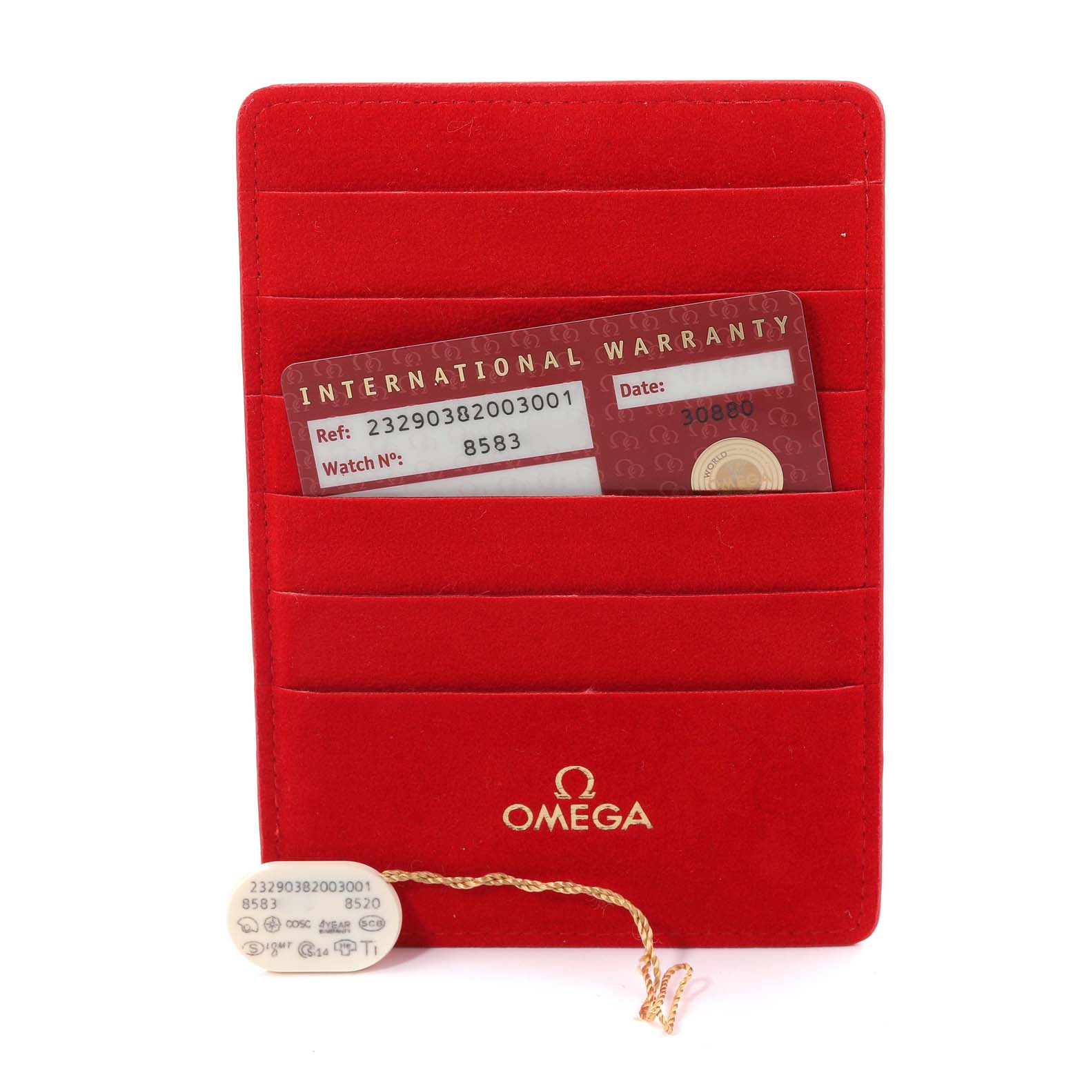 The image shows an Omega Planet Ocean 232.90.38.20.03.001 Men's Titanium Blue Dial 232.90.38.20.03.001 Men's Titanium Blue Dial watch's international warranty card and tag, displayed in a red Omega-branded holder.