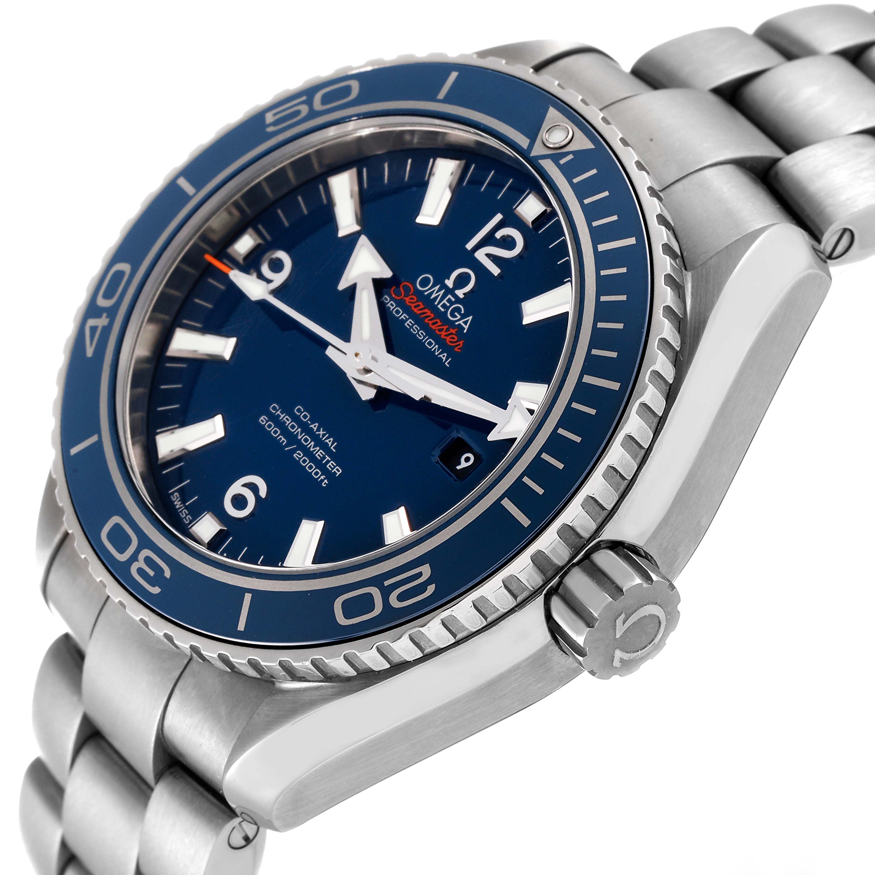 The image shows the Omega Planet Ocean 232.90.38.20.03.001 Men's Titanium Blue Dial 232.90.38.20.03.001 Men's Titanium Blue Dial watch at a side angle, highlighting the face, bezel, crown, and bracelet.