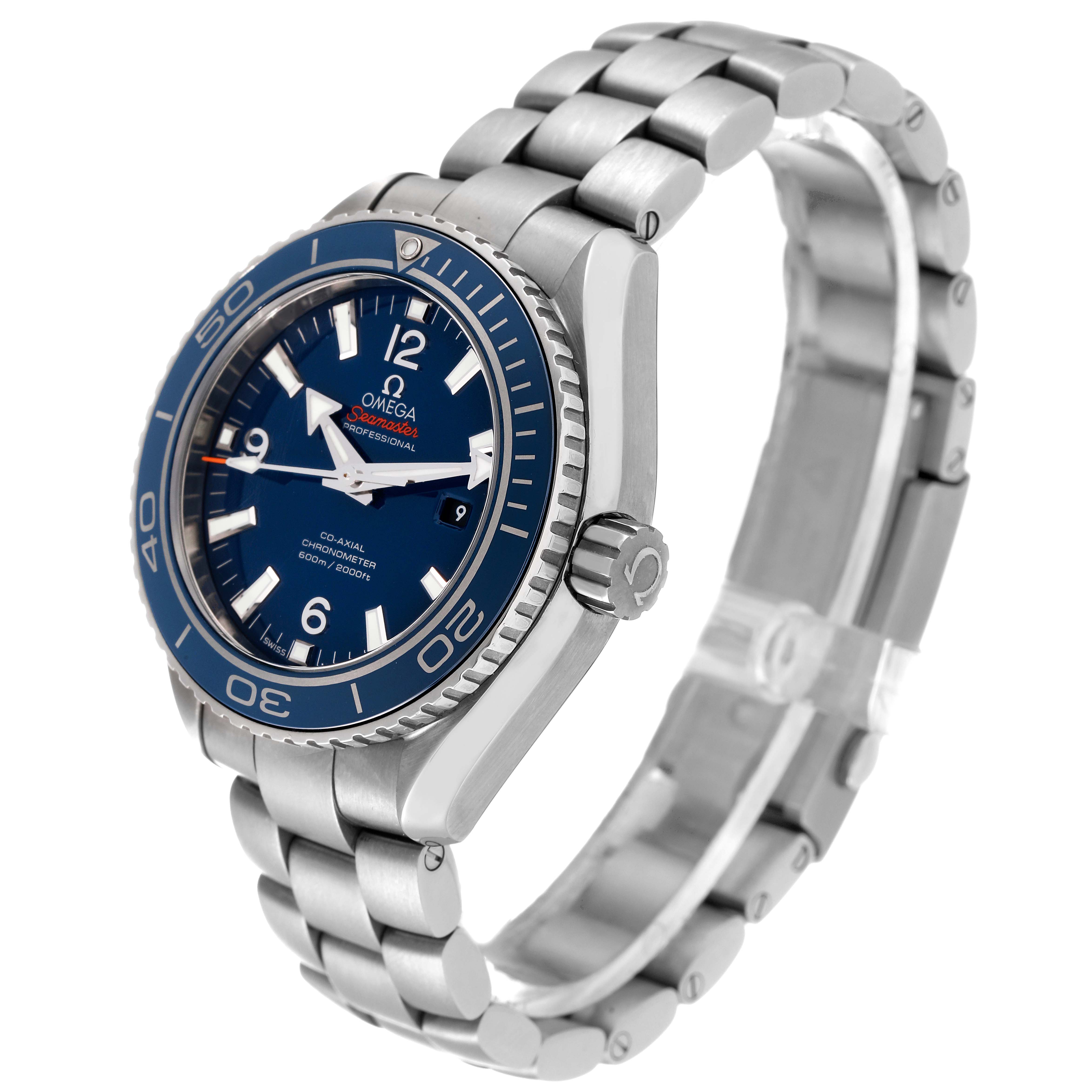 The image shows an angled view of an Omega Planet Ocean 232.90.38.20.03.001 Men's Titanium Blue Dial 232.90.38.20.03.001 Men's Titanium Blue Dial watch, displaying its face, bezel, crown, and stainless steel bracelet.