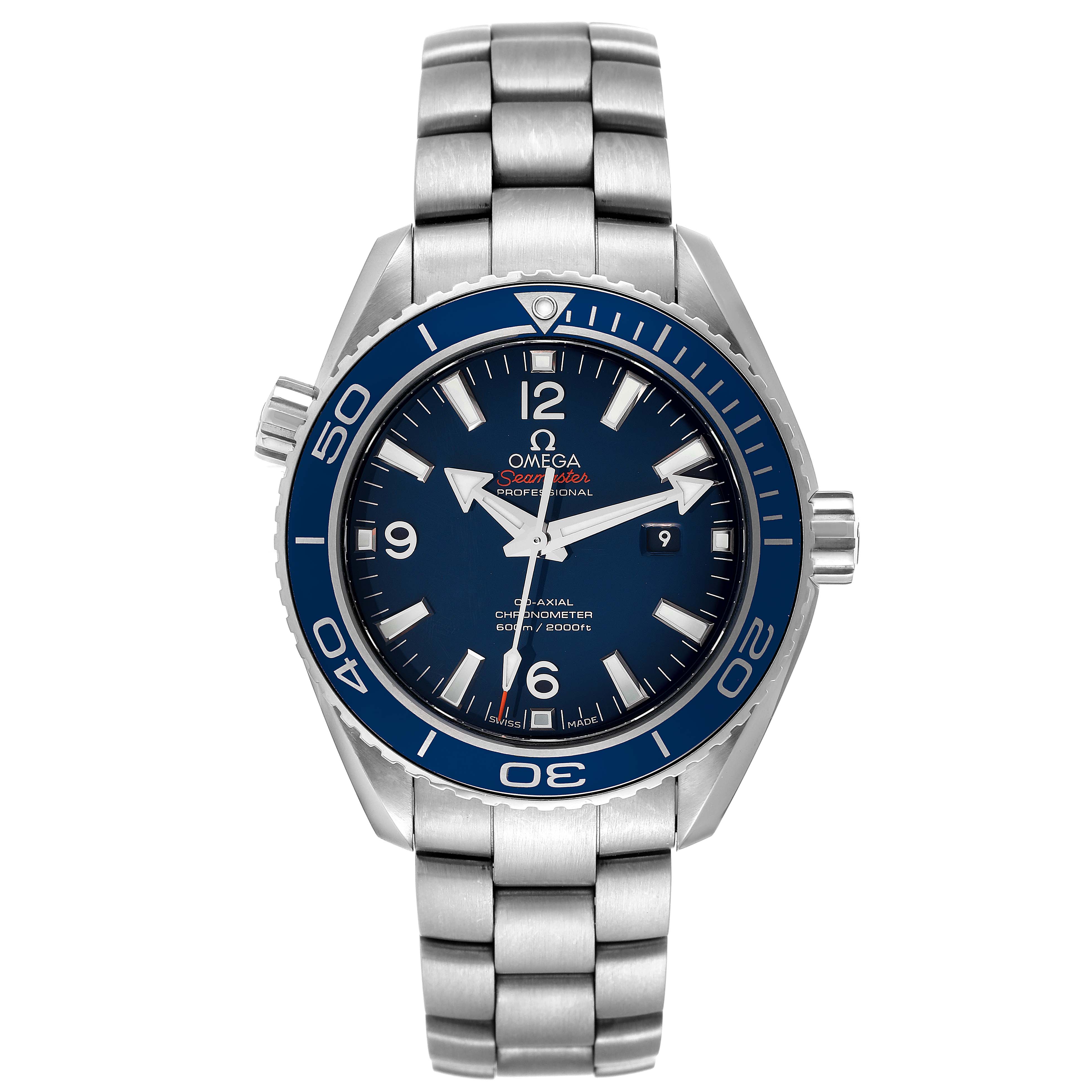 The Omega Planet Ocean 232.90.38.20.03.001 Men's Titanium Blue Dial 232.90.38.20.03.001 Men's Titanium Blue Dial watch is shown from the front, displaying its blue dial, steel bracelet, and rotating bezel.