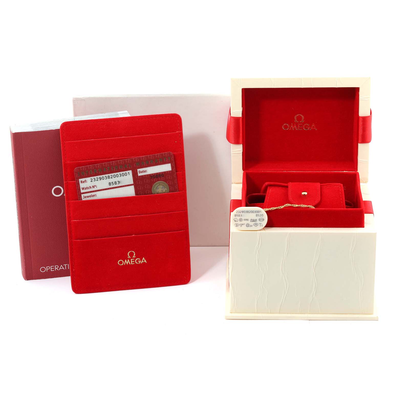 The image shows the packaging and accessories for the Omega Planet Ocean 232.90.38.20.03.001 Men's Titanium Blue Dial 232.90.38.20.03.001 Men's Titanium Blue Dial watch, including the box, manual, and warranty cards.