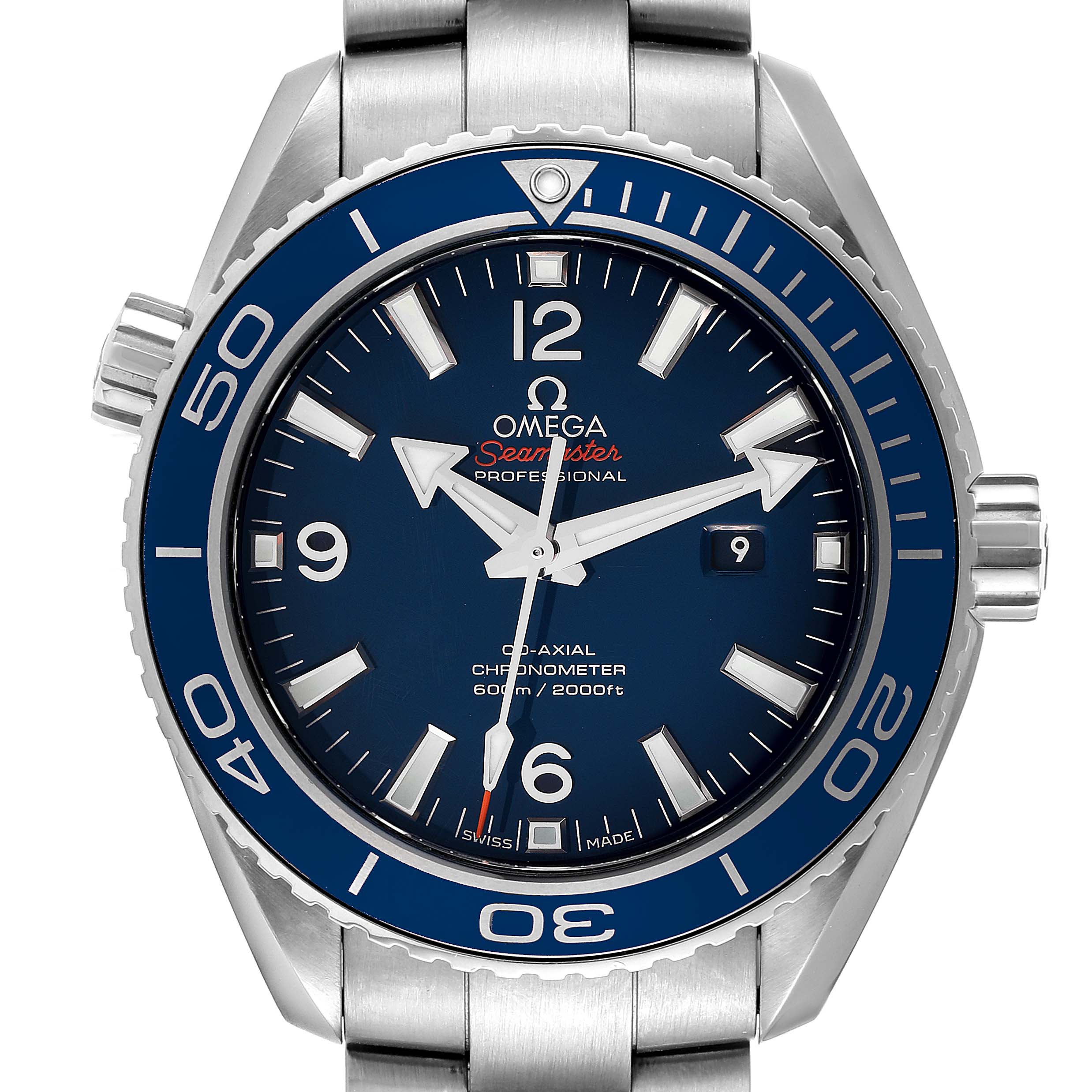 This image shows a front view of the Omega Planet Ocean 232.90.38.20.03.001 Men's Titanium Blue Dial 232.90.38.20.03.001 Men's Titanium Blue Dial watch, featuring its bezel, dial, and bracelet.