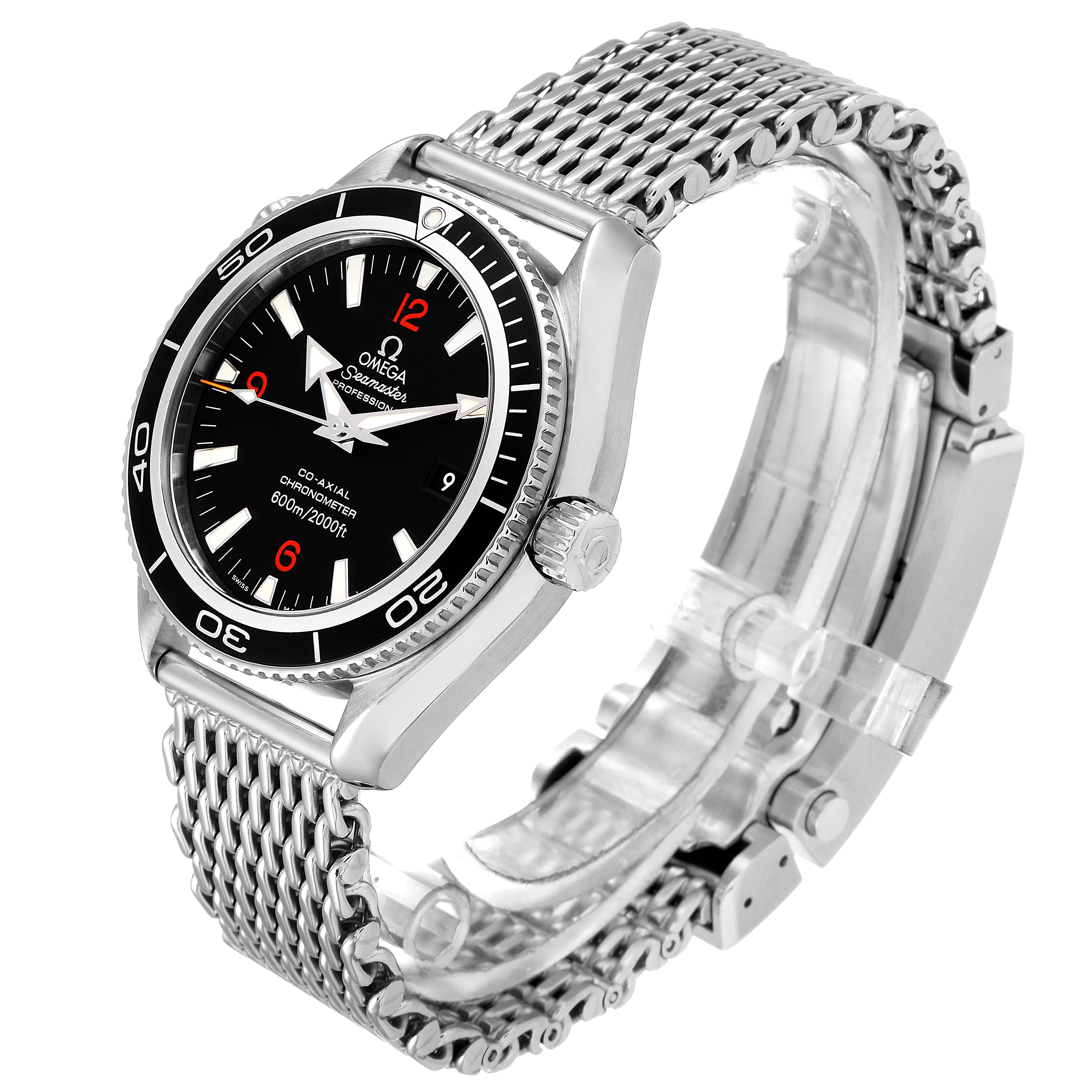This image shows the Omega Planet Ocean 2201.51.00 Men's Stainless Steel Black Dial 2201.51.00 Men's Stainless Steel Black Dial watch at an angled side view, displaying its face, bezel, crown, and metal strap.