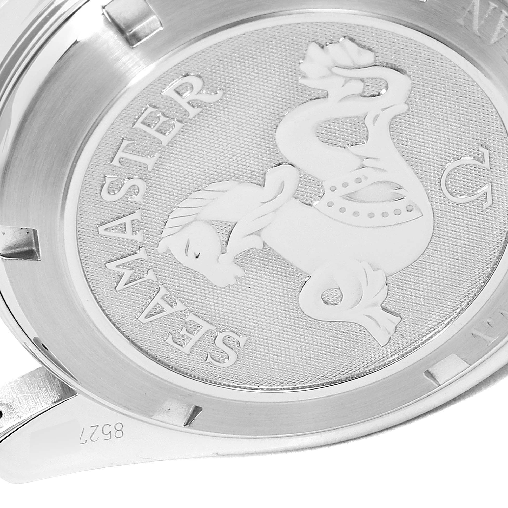 This image shows the case back of the Omega Planet Ocean 2201.51.00 Men's Stainless Steel Black Dial 2201.51.00 Men's Stainless Steel Black Dial watch, featuring the Seamaster logo.