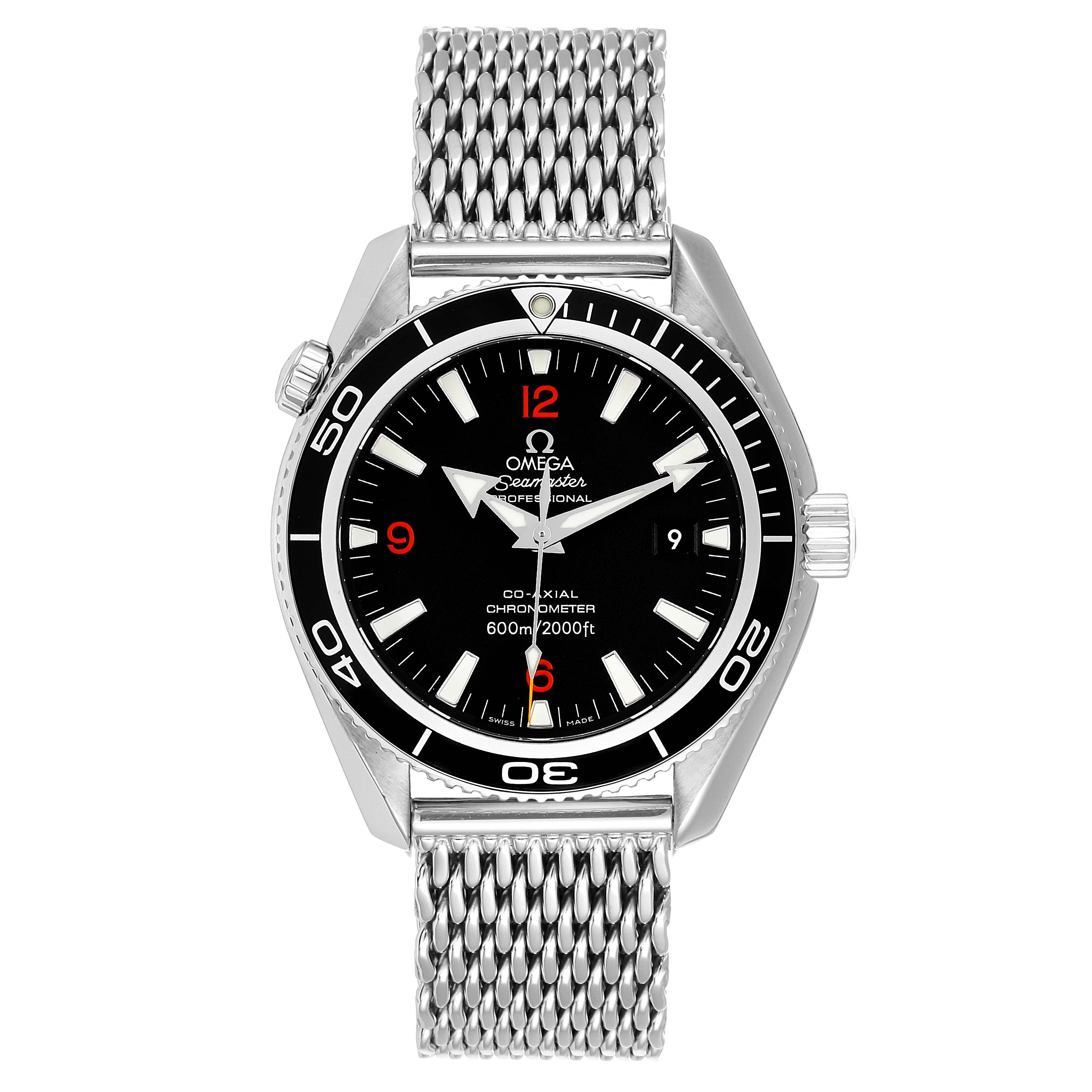 The image shows the Omega Planet Ocean 2201.51.00 Men's Stainless Steel Black Dial 2201.51.00 Men's Stainless Steel Black Dial watch from a front view, displaying the dial, bezel, and mesh bracelet.