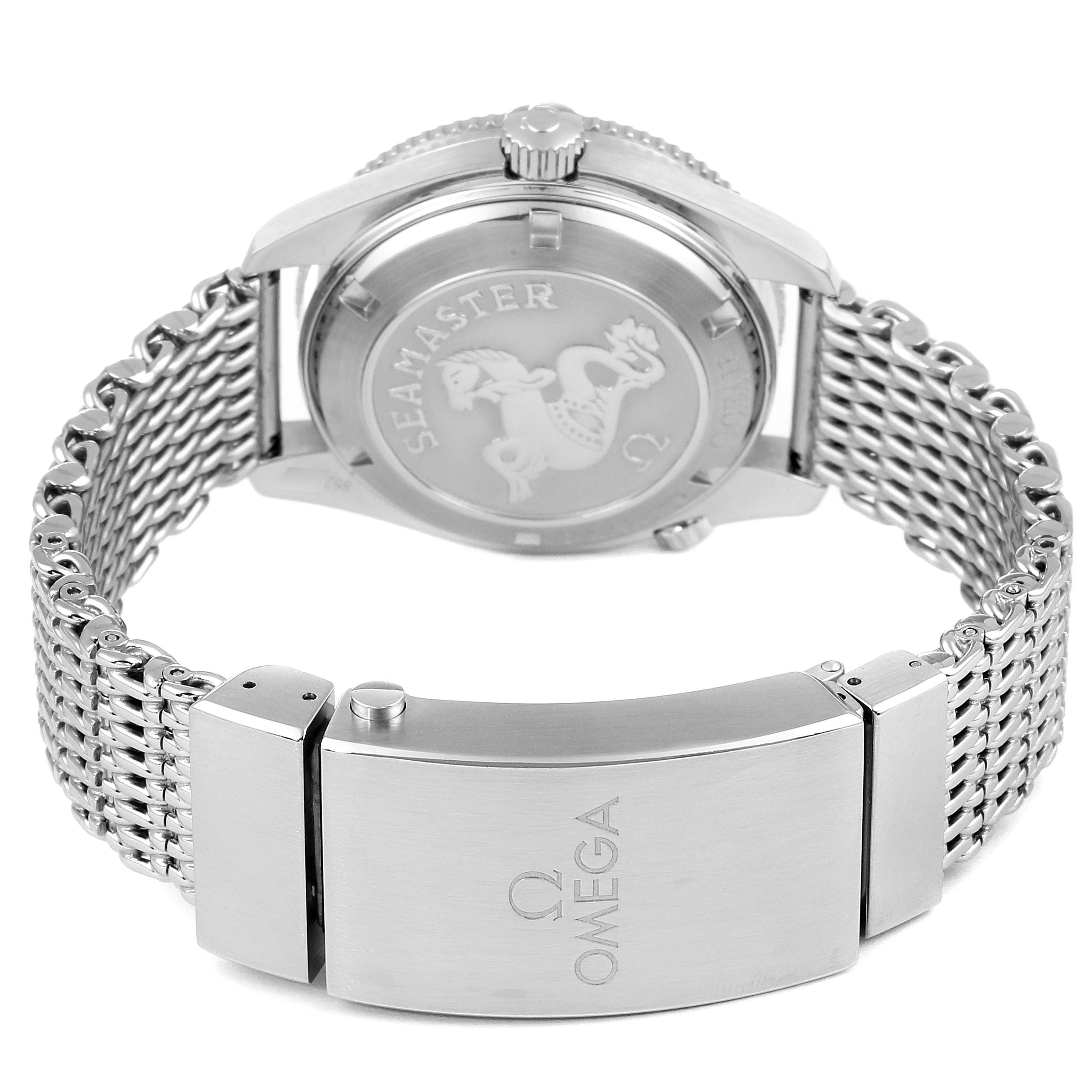 The image shows the back case and metal bracelet clasp of an Omega Planet Ocean 2201.51.00 Men's Stainless Steel Black Dial 2201.51.00 Men's Stainless Steel Black Dial watch.